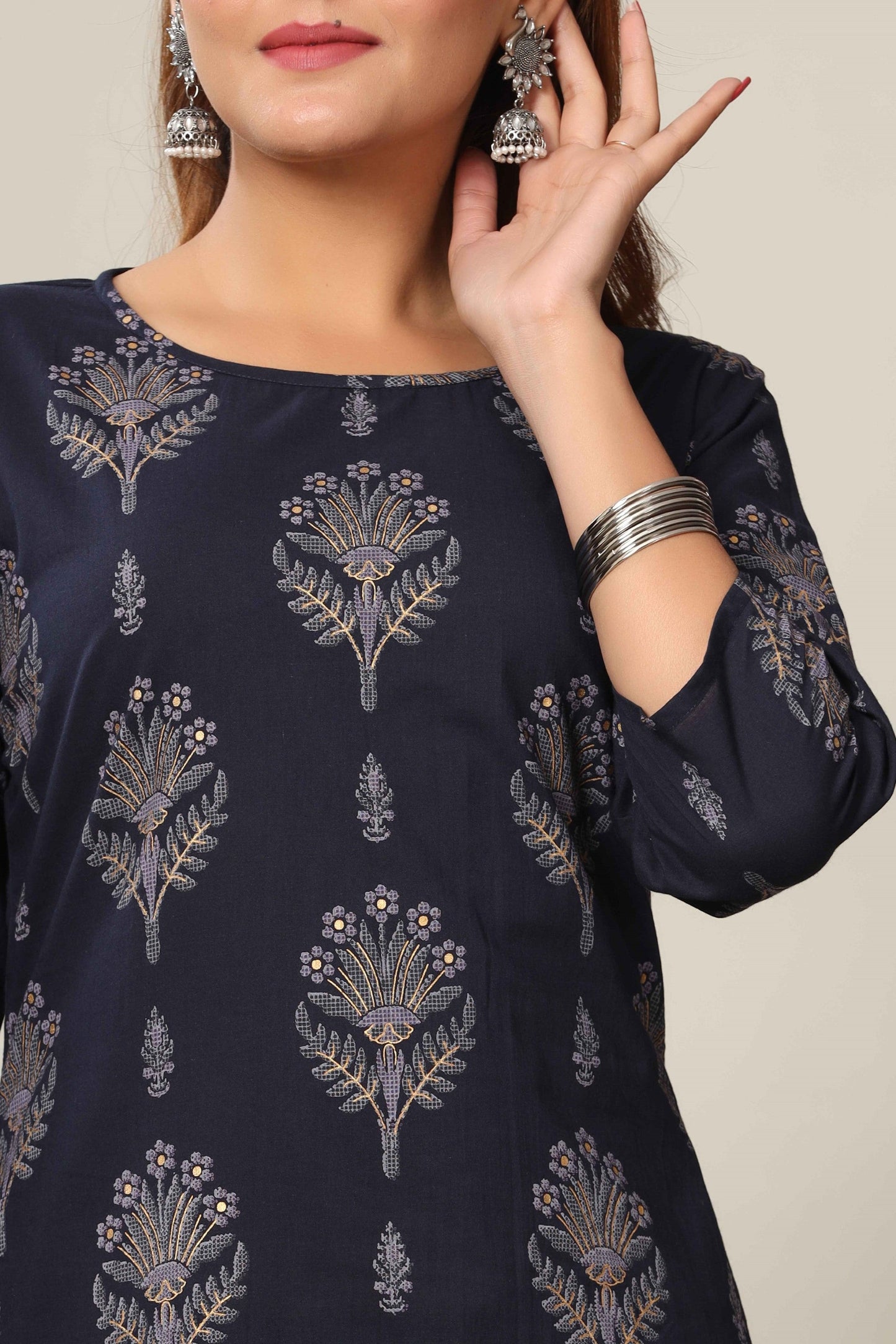 Women's Blue & Grey Printed Pure Cotton Kurta With Sharara - Miravan