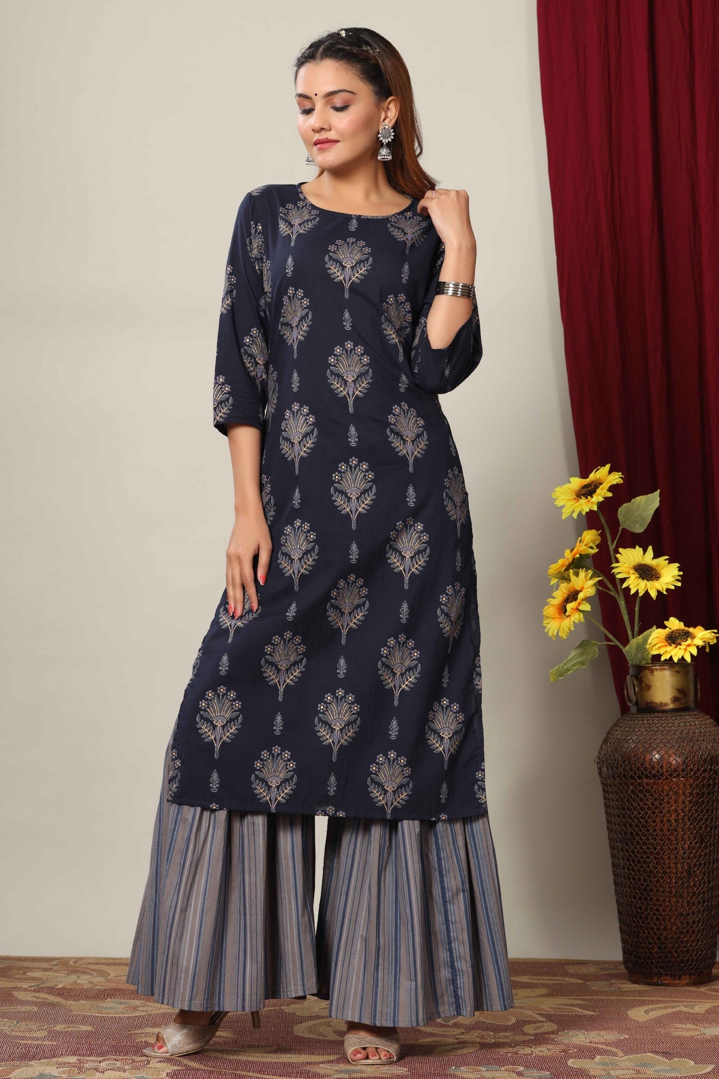 Women's Blue & Grey Printed Pure Cotton Kurta With Sharara - Miravan