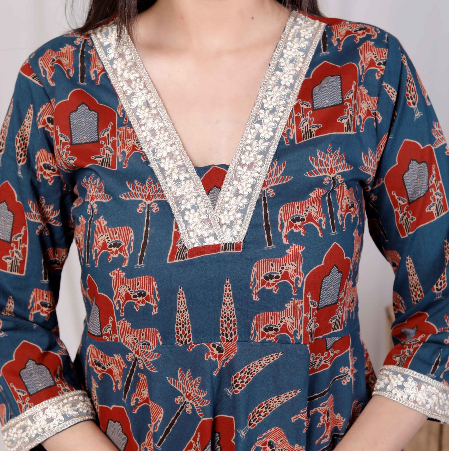 Miravan Womens Pure Cotton Blue Animal Printed Zari Lace Work Yoke Anarakali Kurta