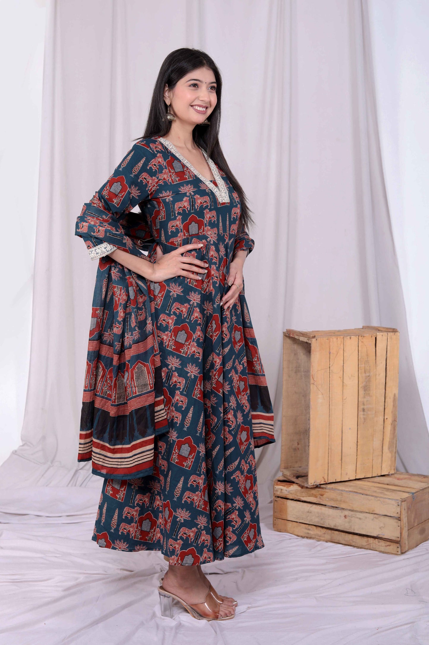 Miravan Womens Pure Cotton Blue Zari Lace Anarkali Kurta with Printed Dupatta Set