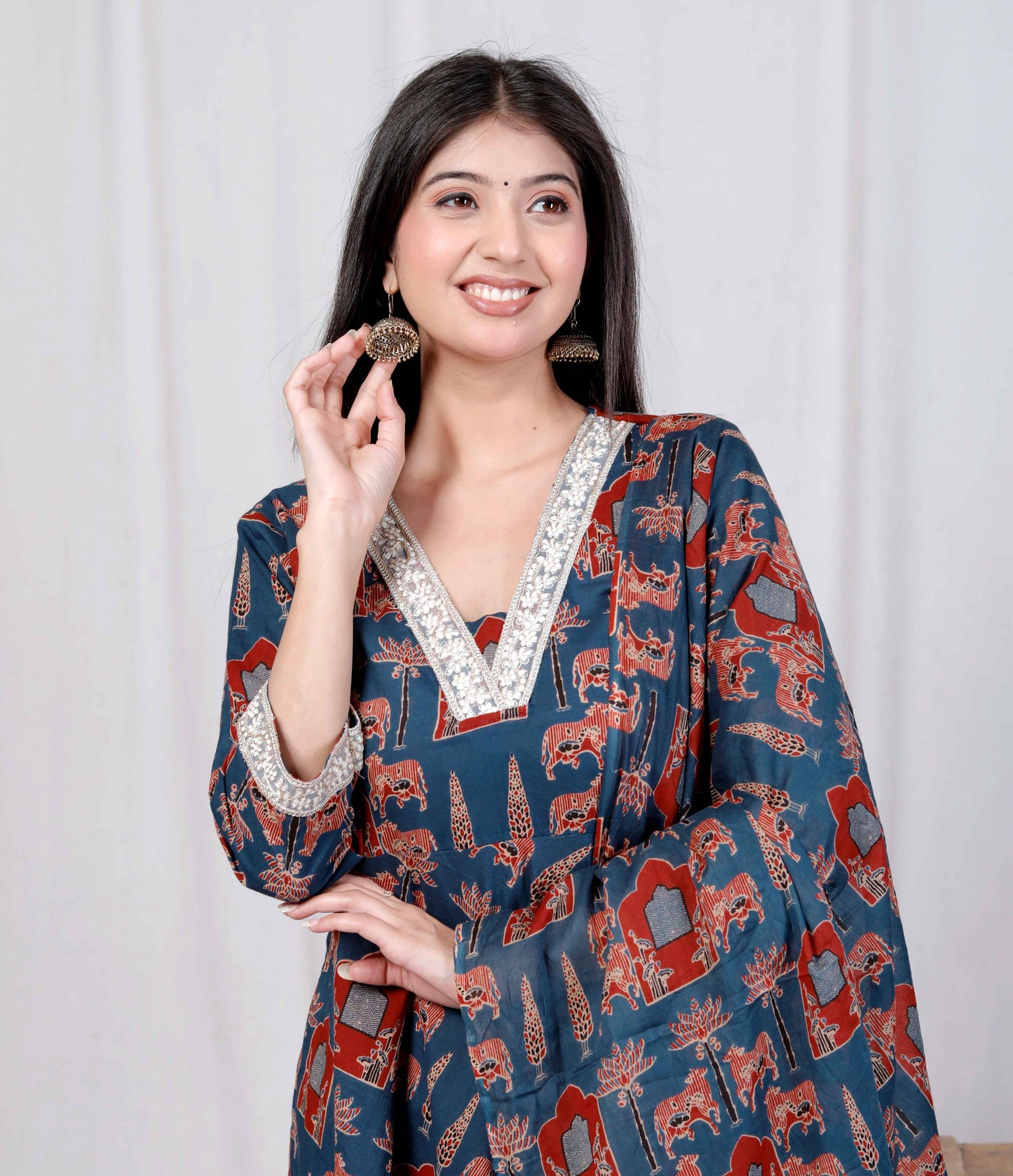 Miravan Womens Pure Cotton Blue Zari Lace Anarkali Kurta with Printed Dupatta Set