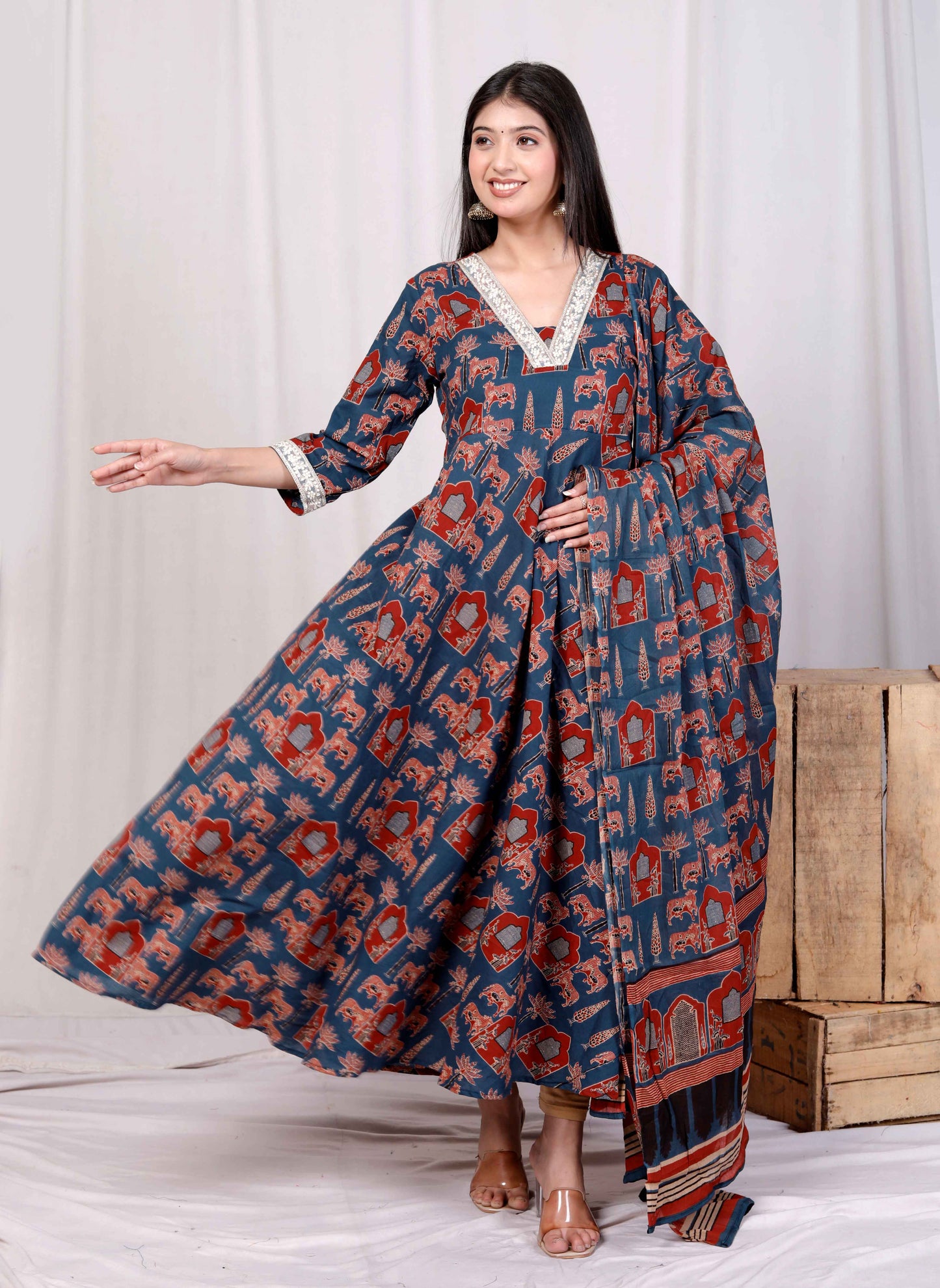Miravan Womens Pure Cotton Blue Zari Lace Anarkali Kurta with Printed Dupatta Set