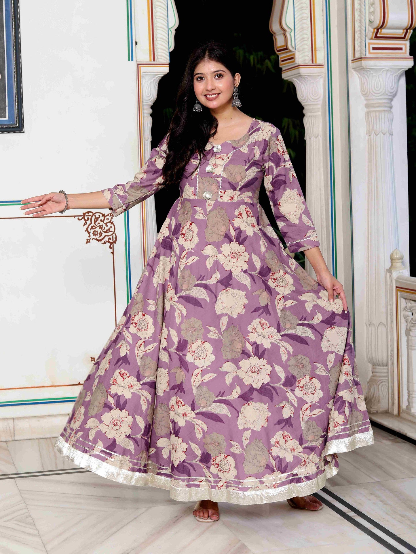 Women's Purple Flower Printed With Beautiful Lace Border Details Anarkali Kurta - Miravan