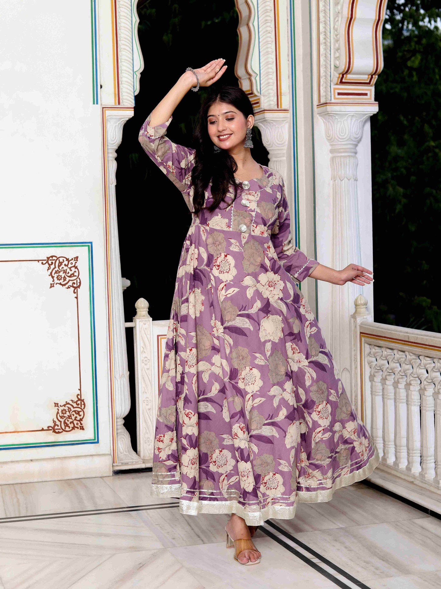 Women's Purple Flower Printed With Beautiful Lace Border Details Anarkali Kurta - Miravan