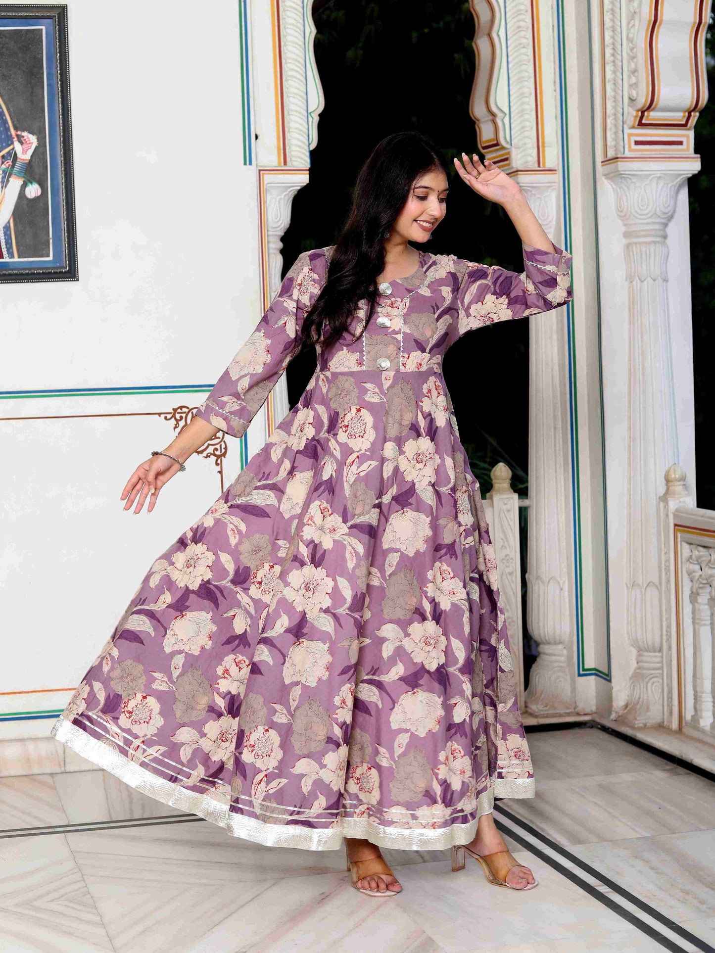Women's Purple Flower Printed With Beautiful Lace Border Details Anarkali Kurta - Miravan