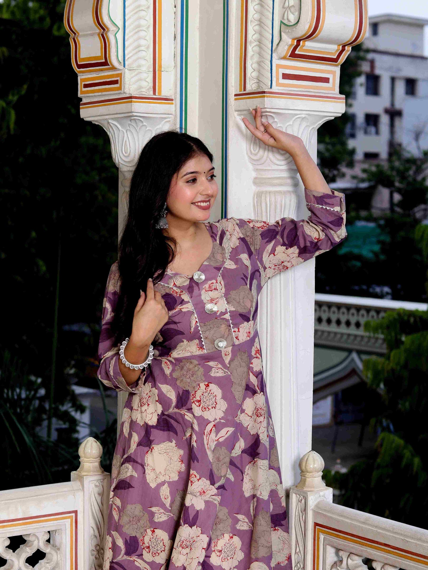 Women's Purple Flower Printed With Lace Border Anarkali Kurta With Dupatta Set - Miravan