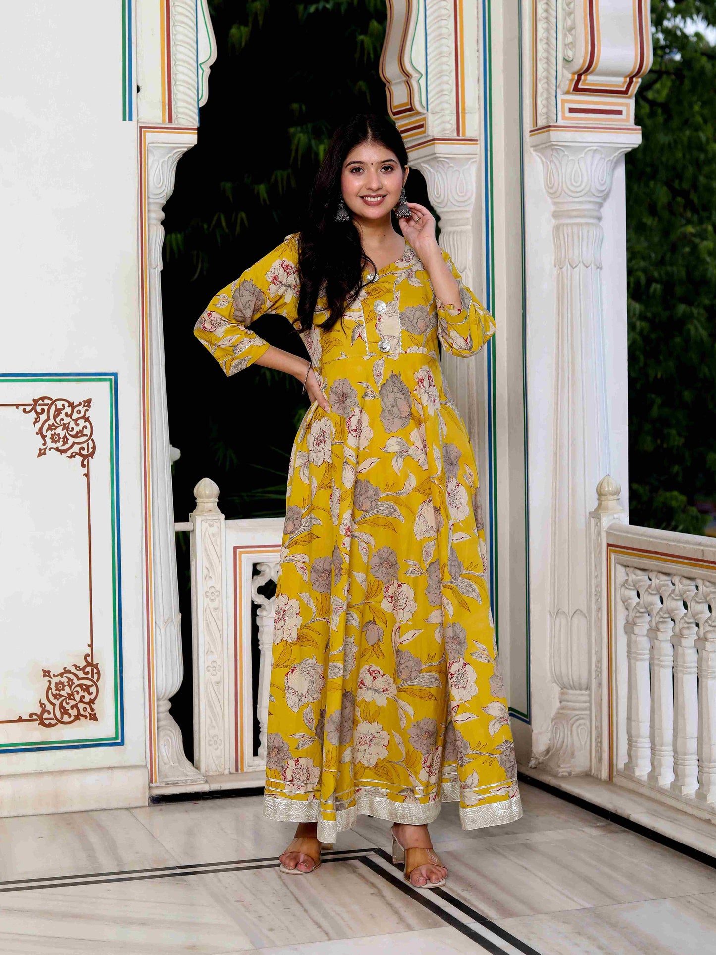 Women's Cotton Gotapatti And Lace Border Details Floral Printed Yellow Anarkali Kurta - Miravan