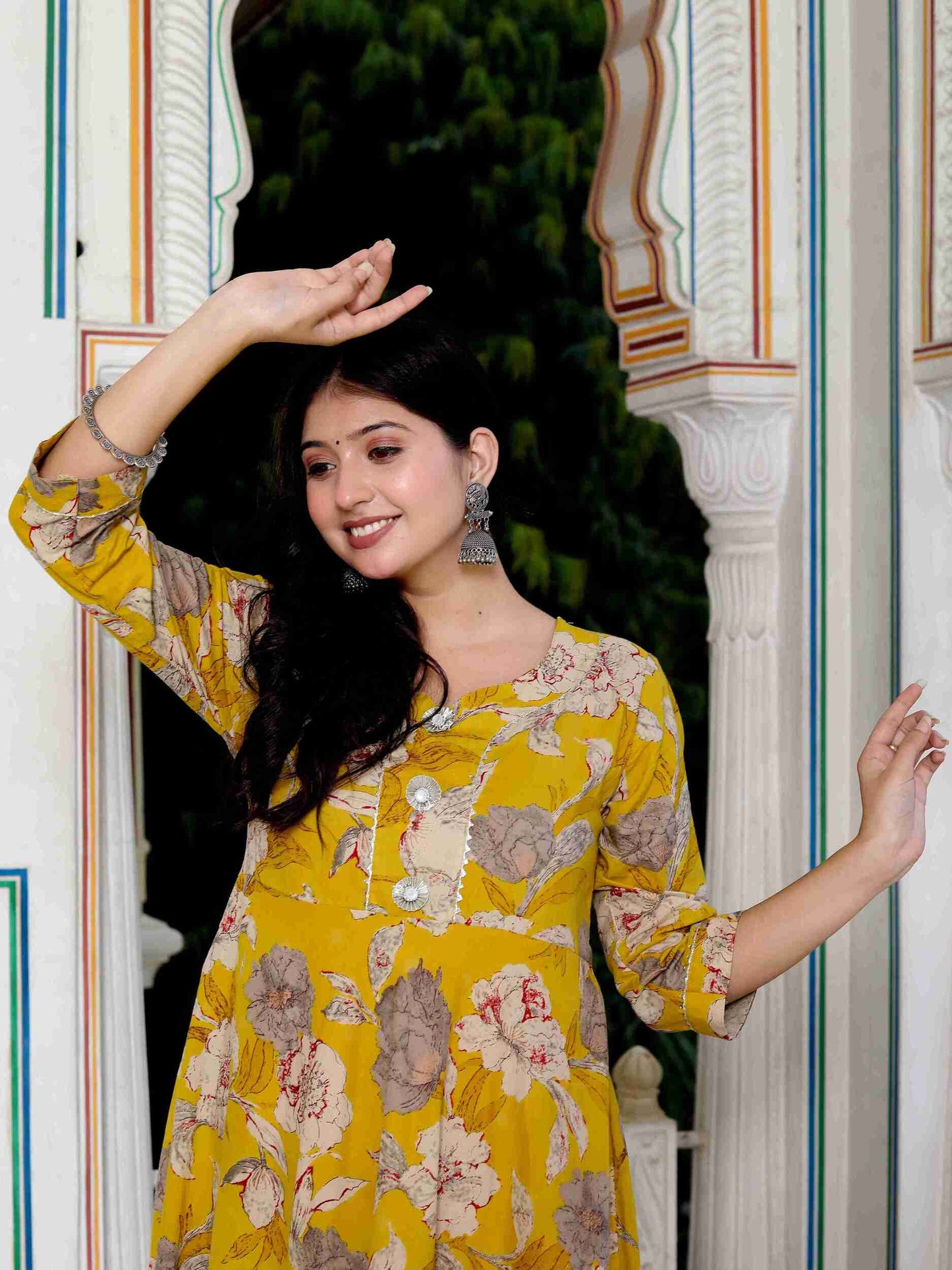 Women's Cotton Gotapatti And Lace Border Details Floral Printed Yellow Anarkali Kurta - Miravan