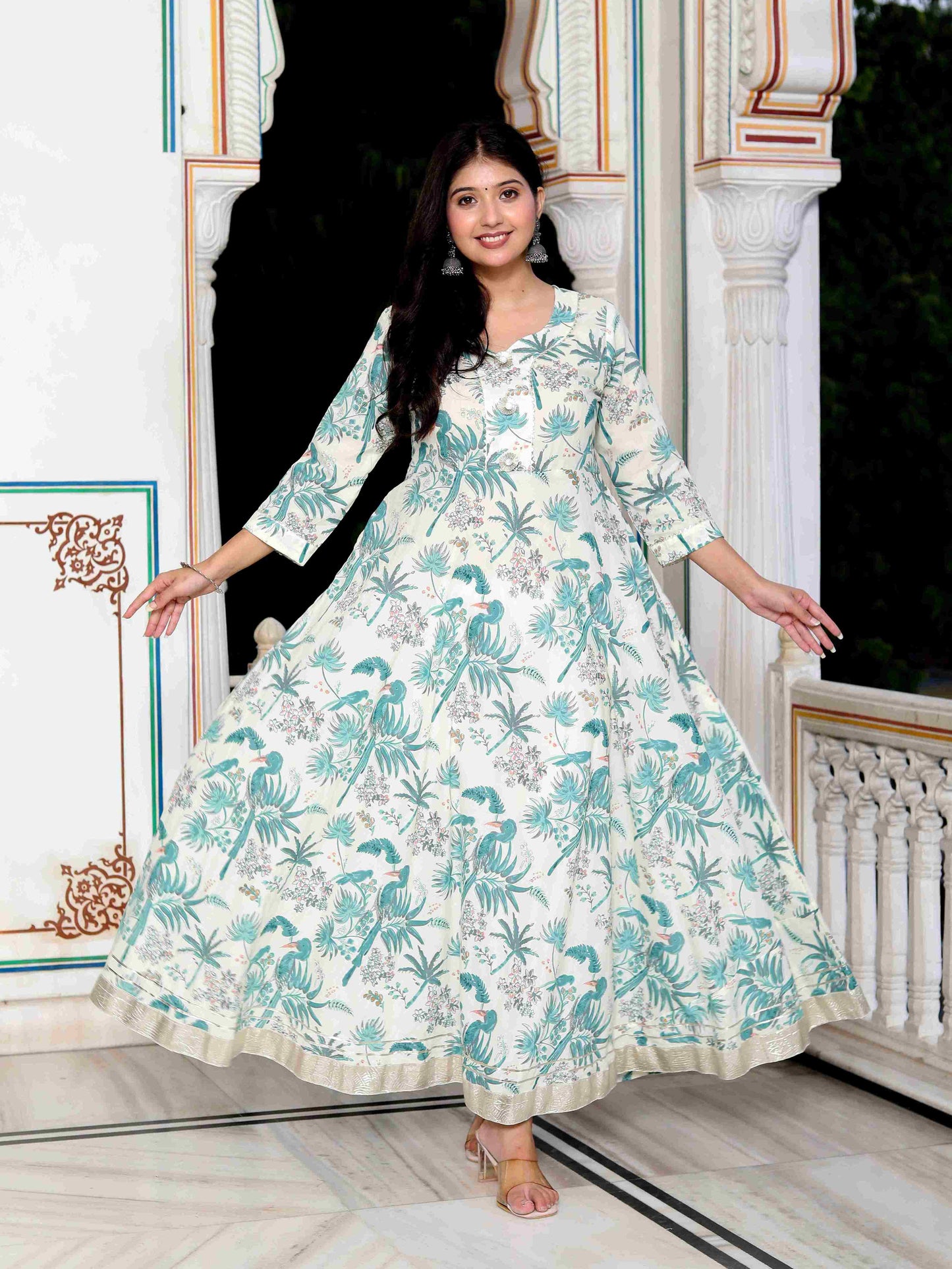 Women's Light Green Cotton Gotapatti And Lace Border Birds And Leaf Anarkali Kurta - Miravan