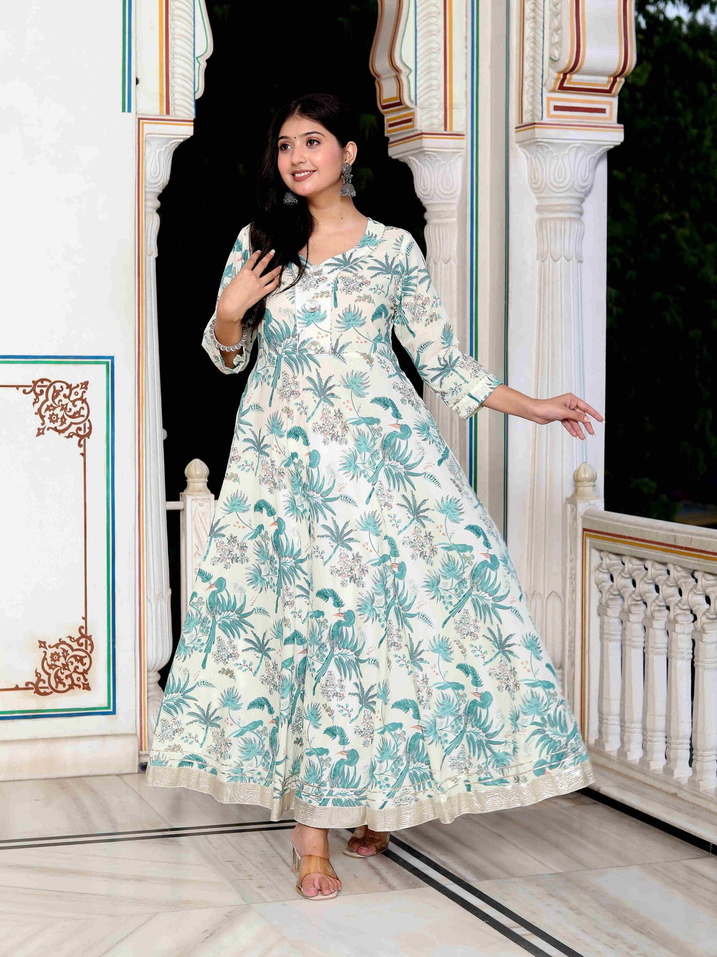 Women's Light Green Cotton Gotapatti And Lace Border Birds And Leaf Anarkali Kurta - Miravan