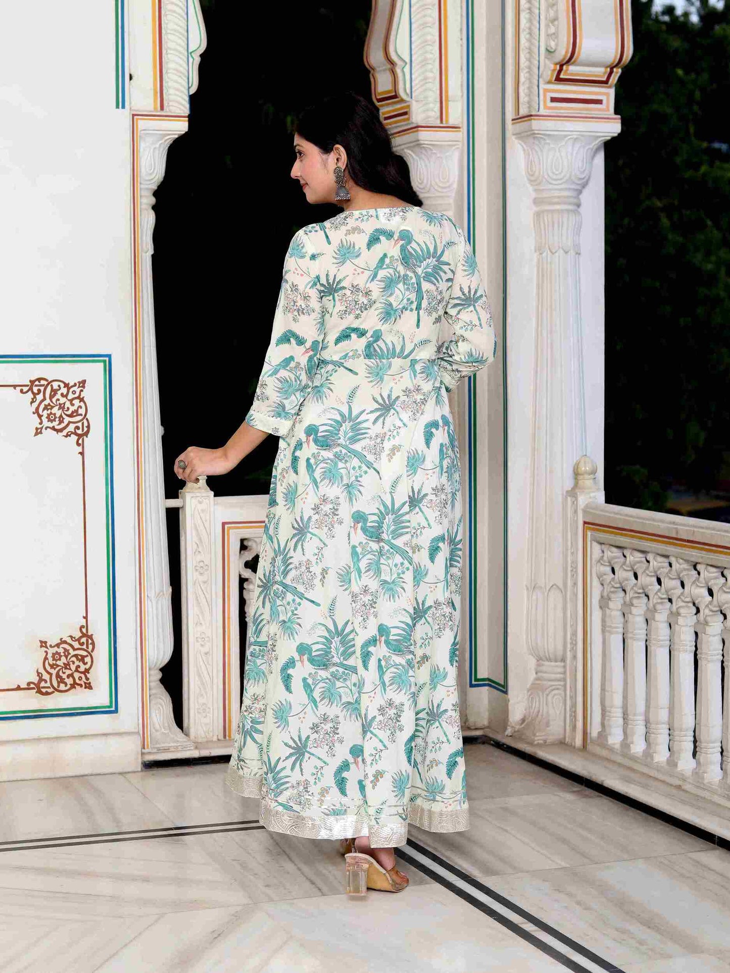 Women's Light Green Birds And Leaf Floral Printed Anarkali Kurta And Dupatta Set - Miravan