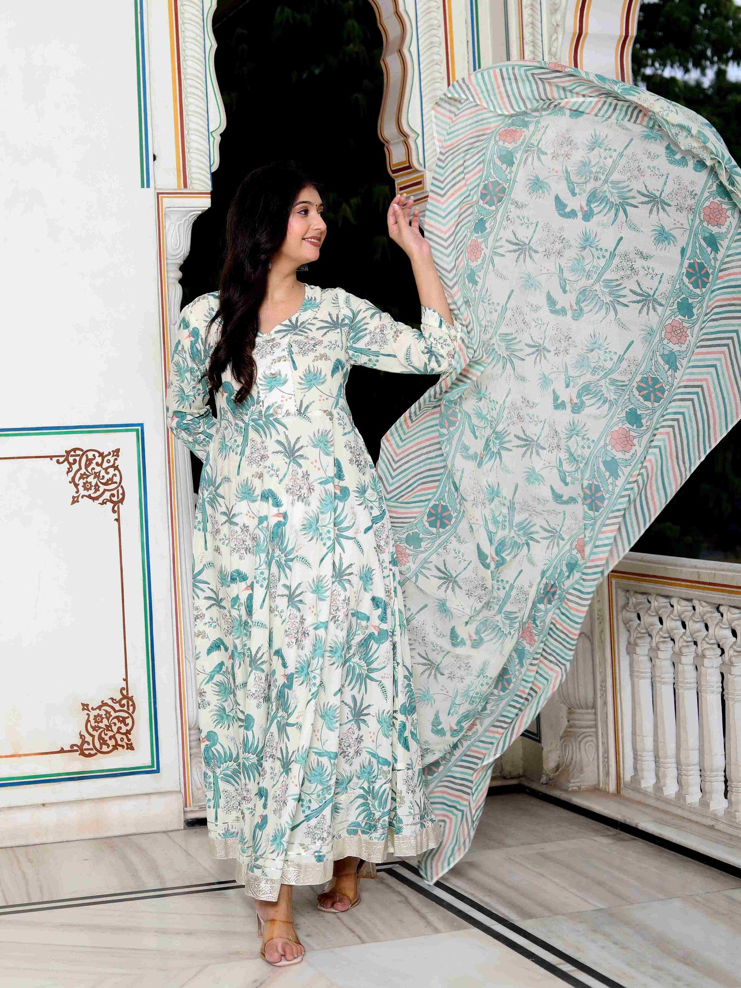 Women's Light Green Birds And Leaf Floral Printed Anarkali Kurta And Dupatta Set - Miravan