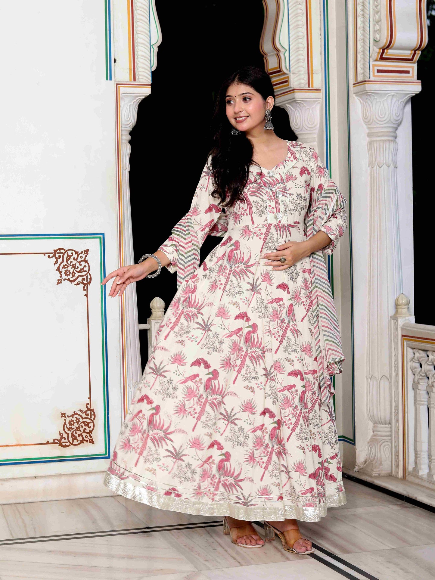 Women's Light Pink Cotton Birds And Leaf Floral Printed Anarkali Kurta And Dupatta Set - Miravan