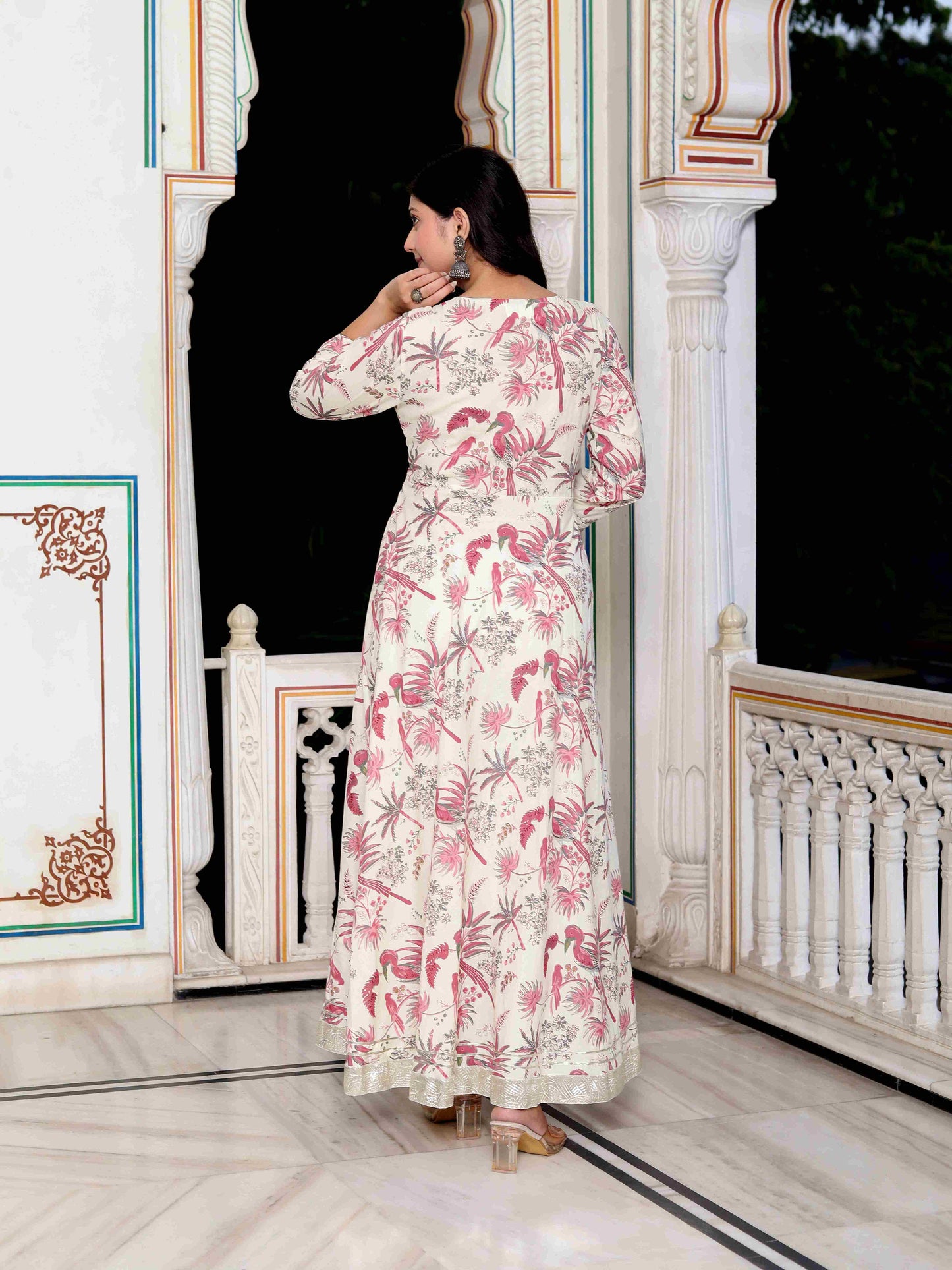Women's Light Pink Cotton Birds And Leaf Floral Printed Anarkali Kurta And Dupatta Set - Miravan