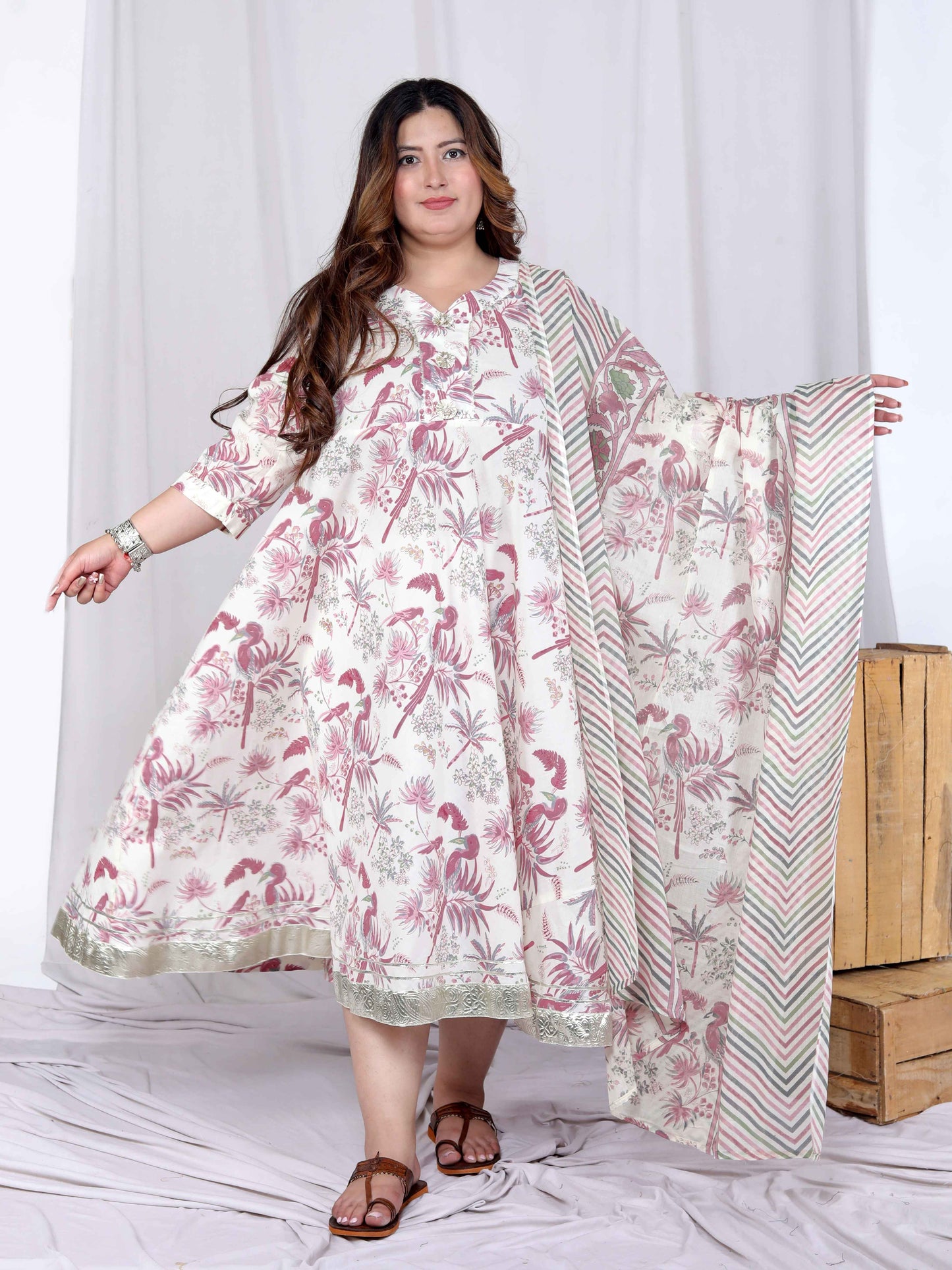 Miravan Womens Plus Size Light Pink Floral Printed and Anarkali Kurta with Dupatta