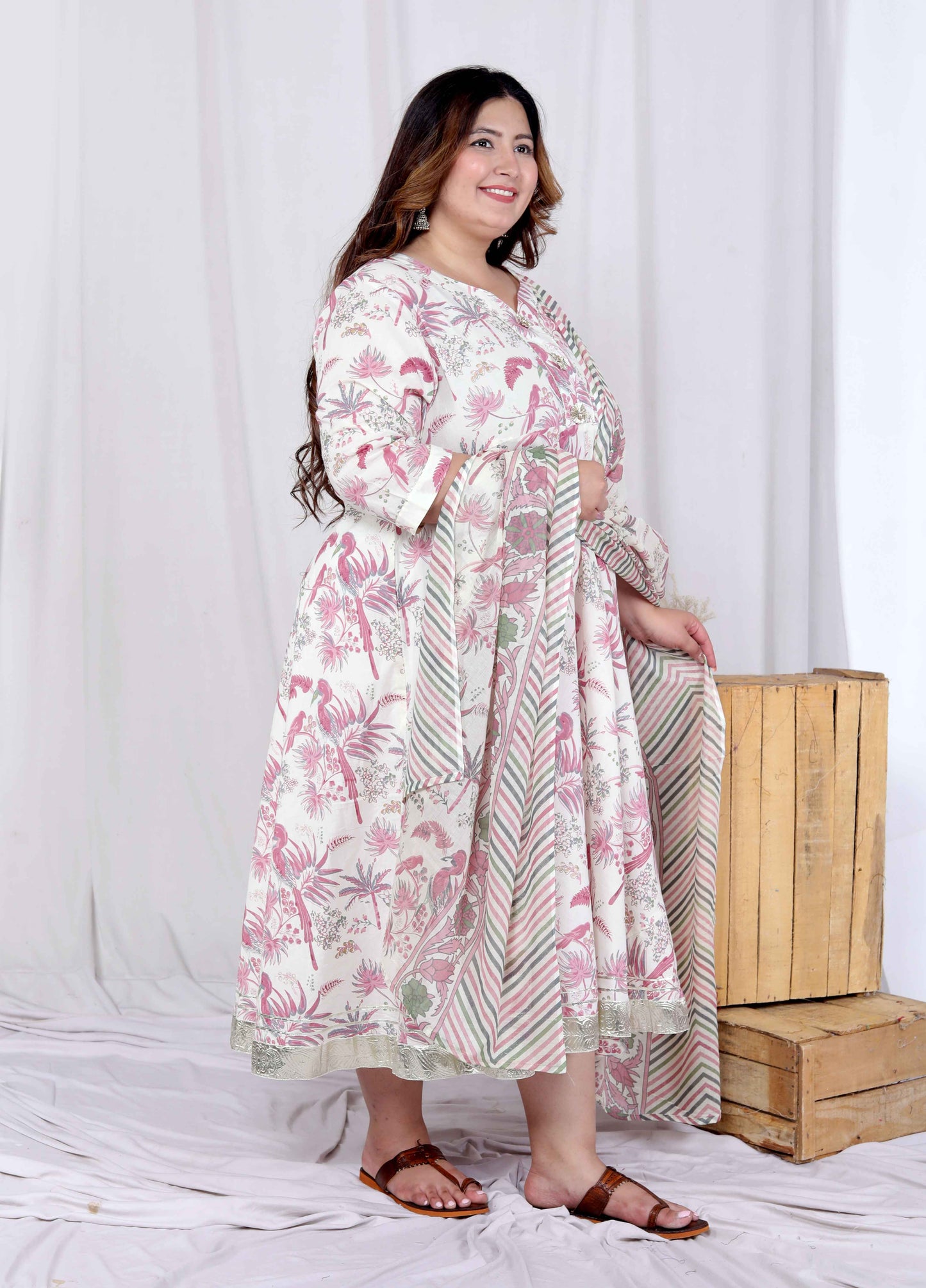 Miravan Womens Plus Size Light Pink Floral Printed and Anarkali Kurta with Dupatta