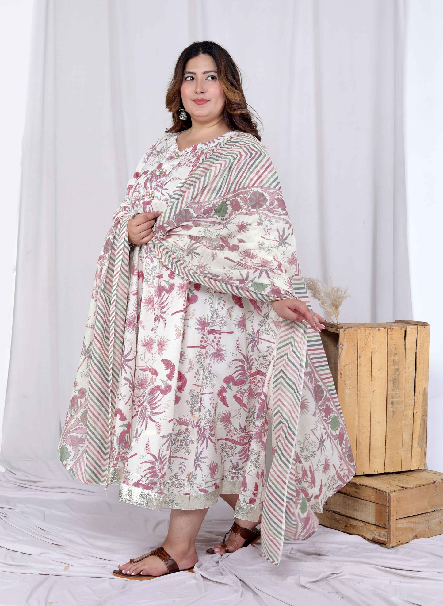 Miravan Womens Plus Size Light Pink Floral Printed and Anarkali Kurta with Dupatta