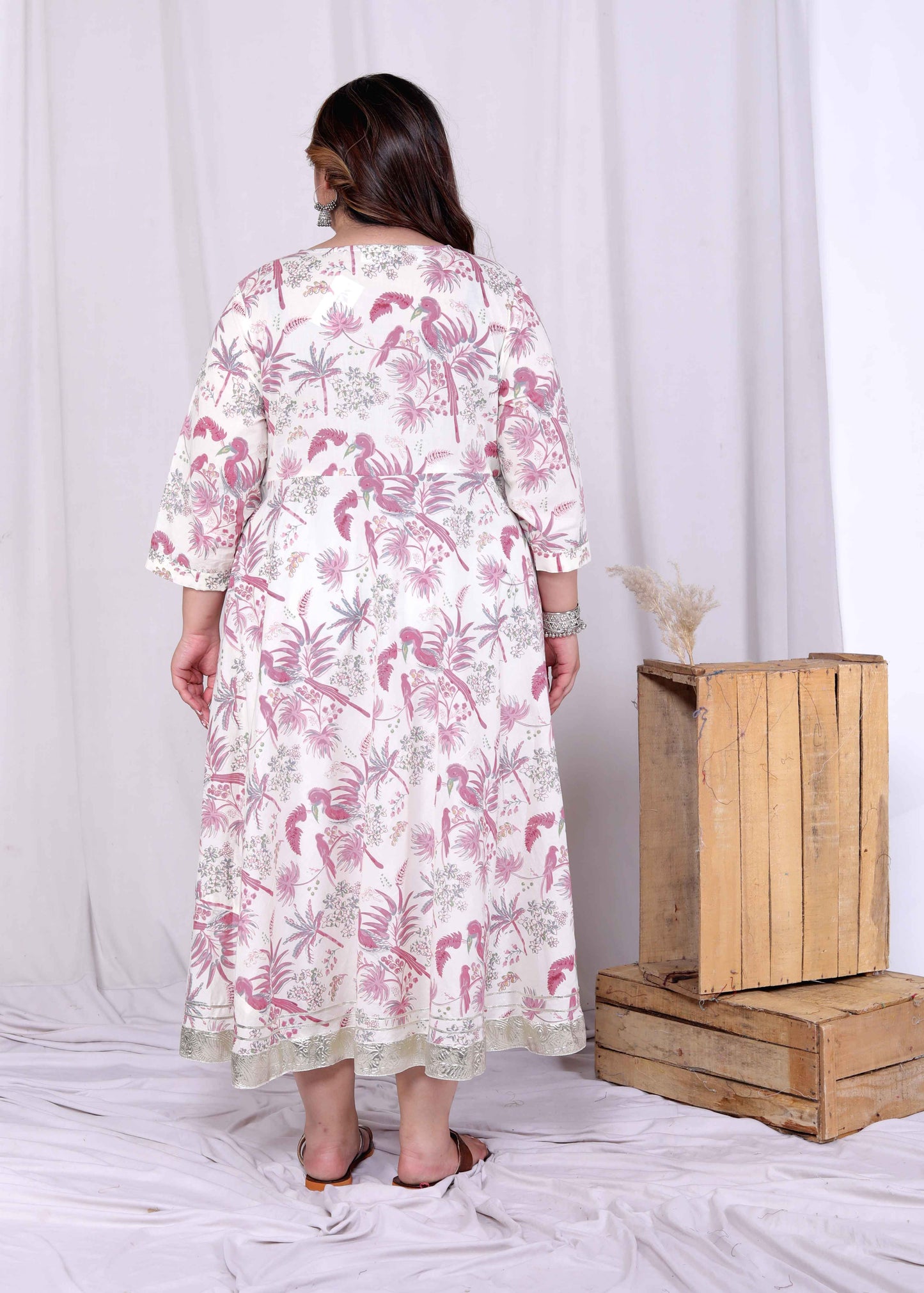 Miravan Womens Plus Size Light Pink Floral Printed and Anarkali Kurta with Dupatta