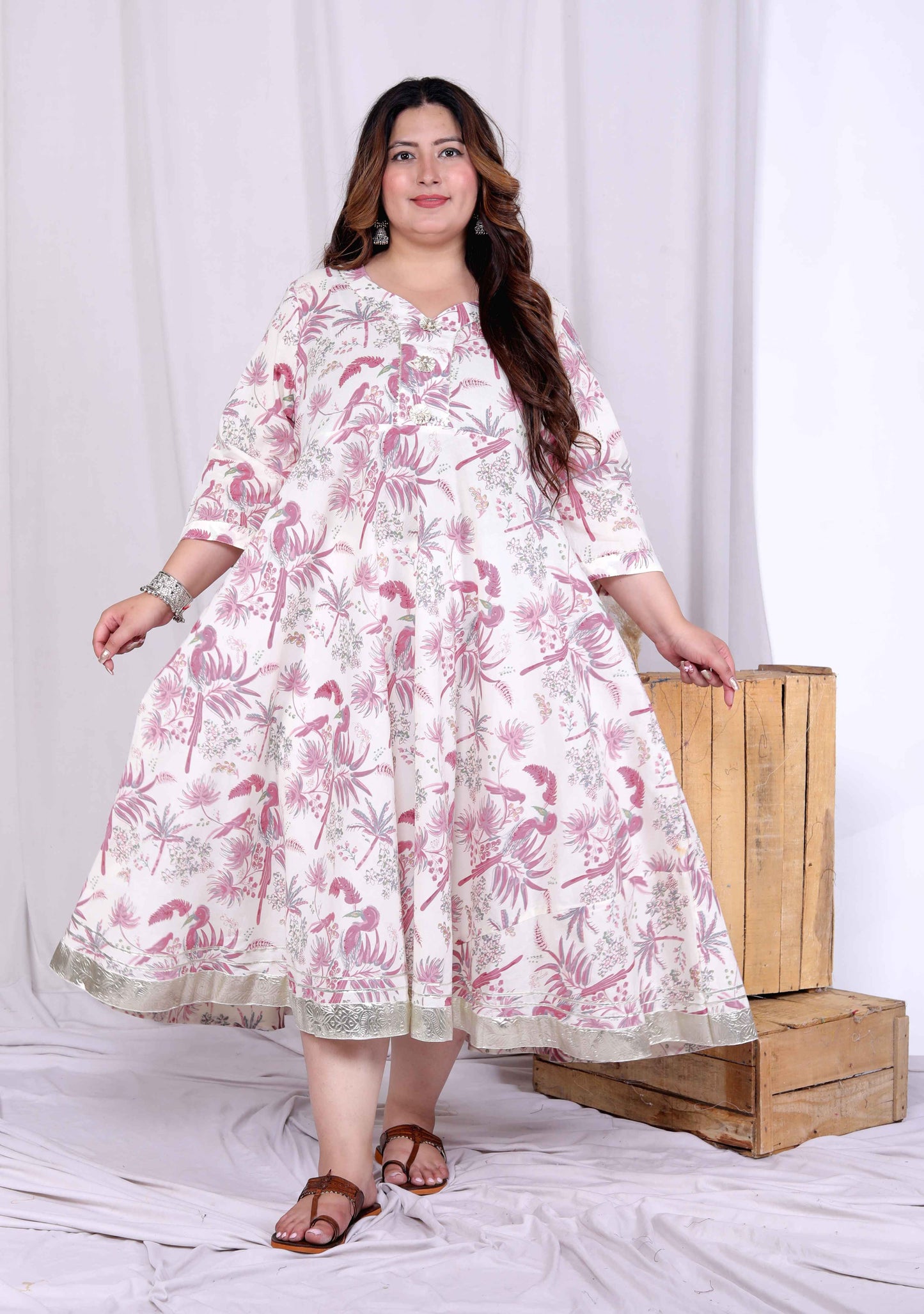 Miravan Women's Plus Size Pink Cotton Gota and Lace Border Birds and Leaf Floral Printed Anarkali Kurta