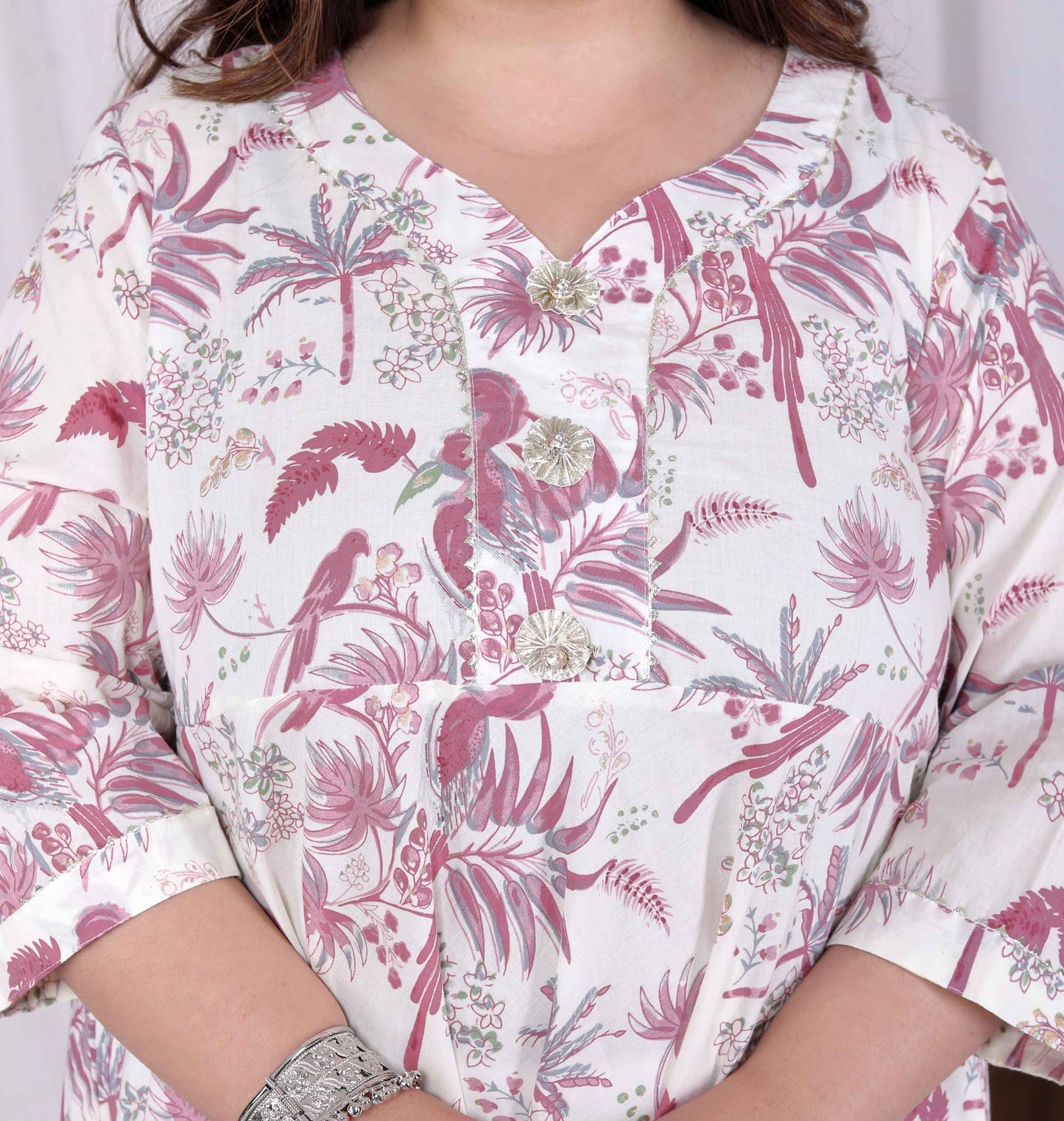 Miravan Women's Plus Size Pink Cotton Gota and Lace Border Birds and Leaf Floral Printed Anarkali Kurta
