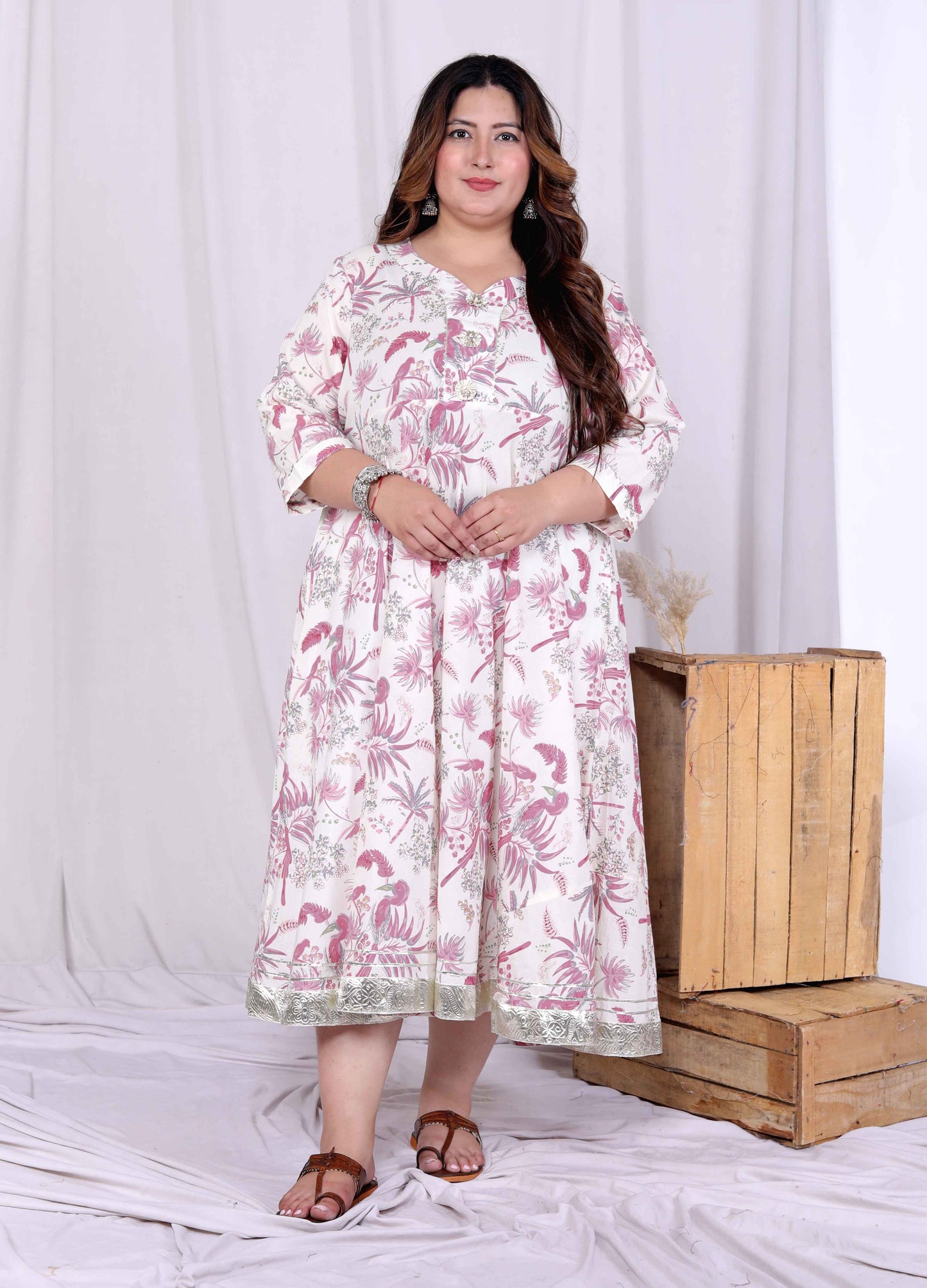 Miravan Women's Plus Size Pink Cotton Gota and Lace Border Birds and Leaf Floral Printed Anarkali Kurta