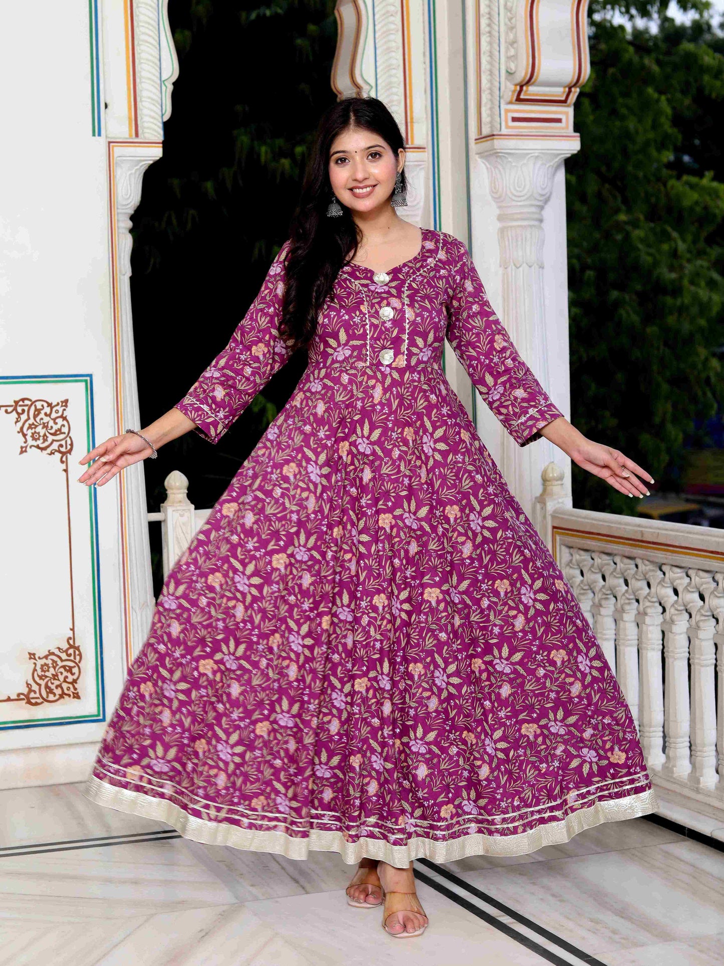 Women's Cotton Gotapatti And Lace Border Details Floral Printed Purple Anarkali Kurta - Miravan