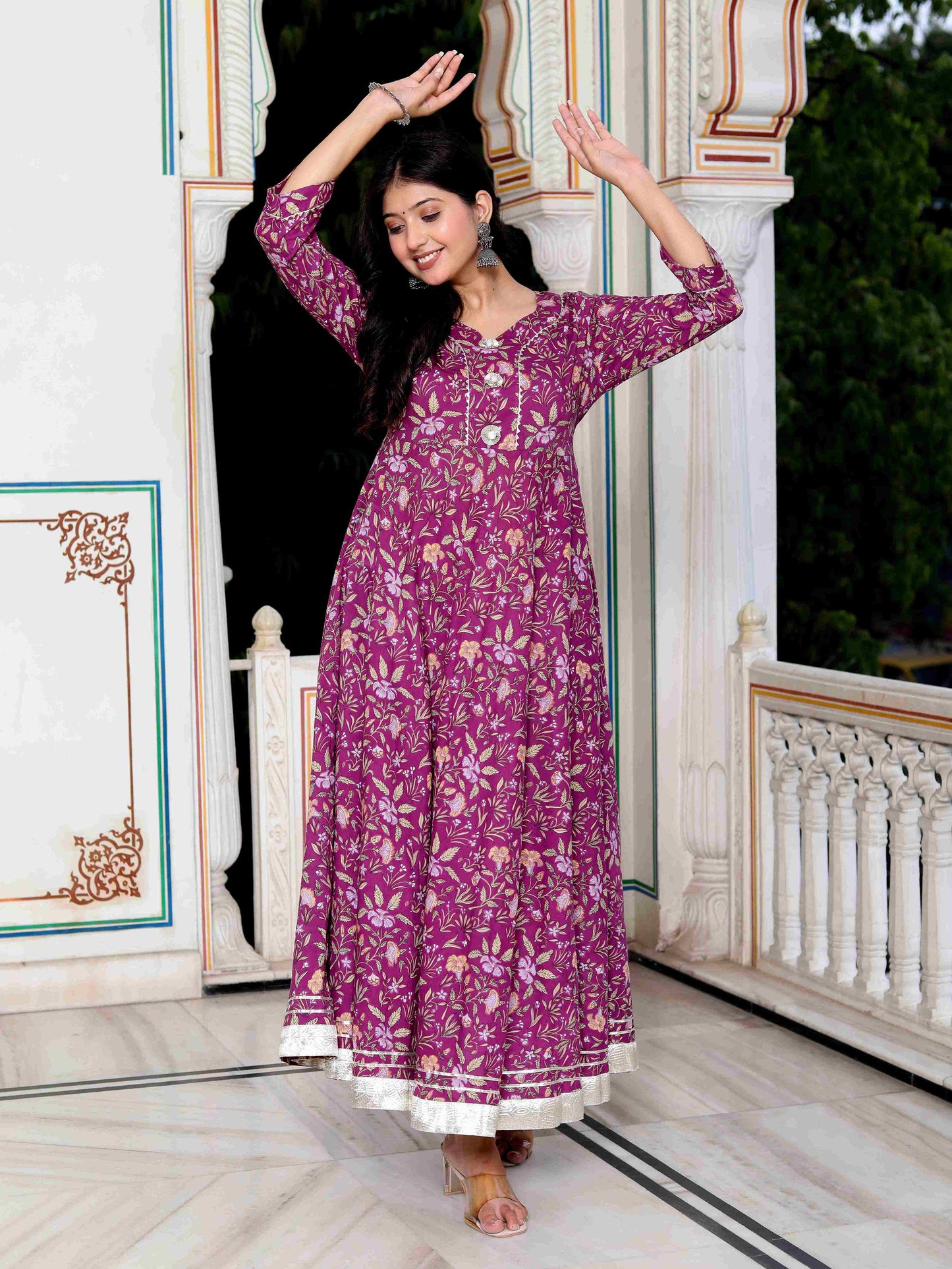 Women's Cotton Gotapatti And Lace Border Details Floral Printed Purple Anarkali Kurta - Miravan