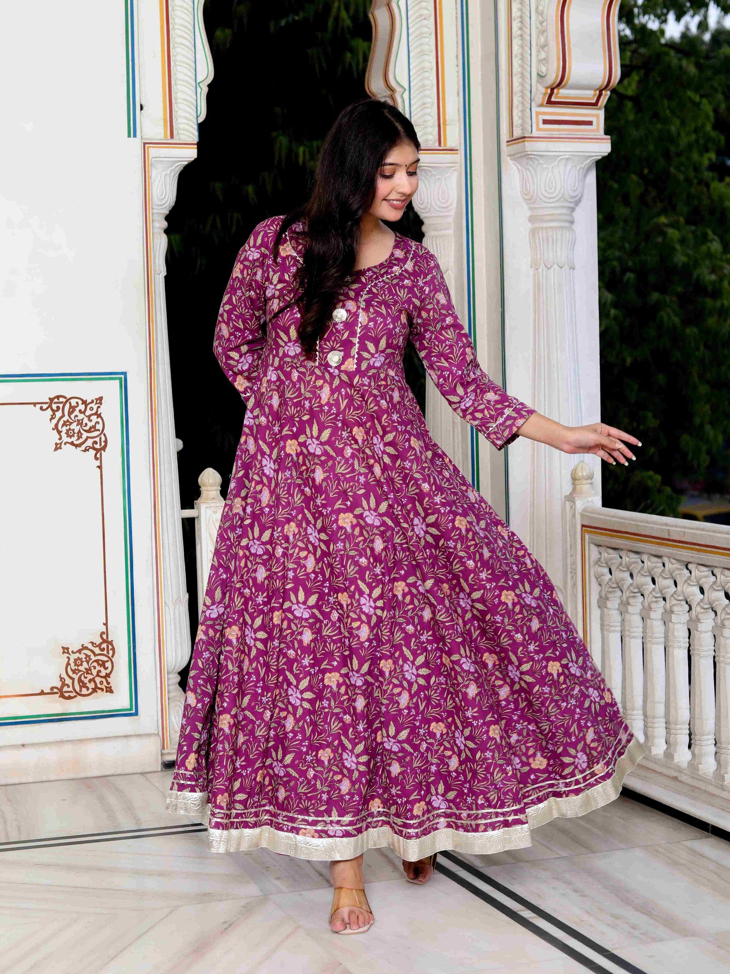 Women's Cotton Gotapatti And Lace Border Details Floral Printed Purple Anarkali Kurta - Miravan
