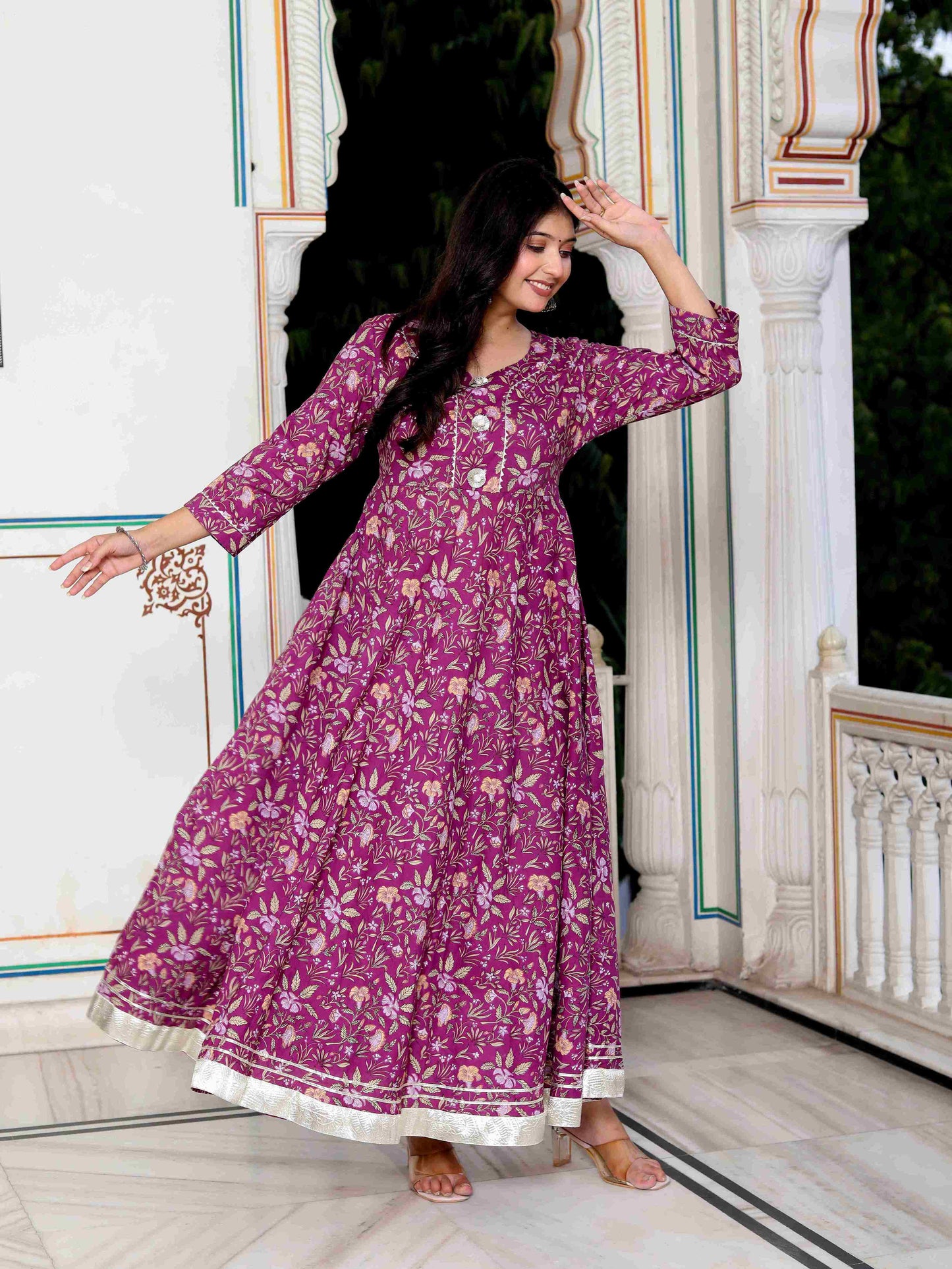 Women's Cotton Gotapatti And Lace Border Details Floral Printed Purple Anarkali Kurta - Miravan