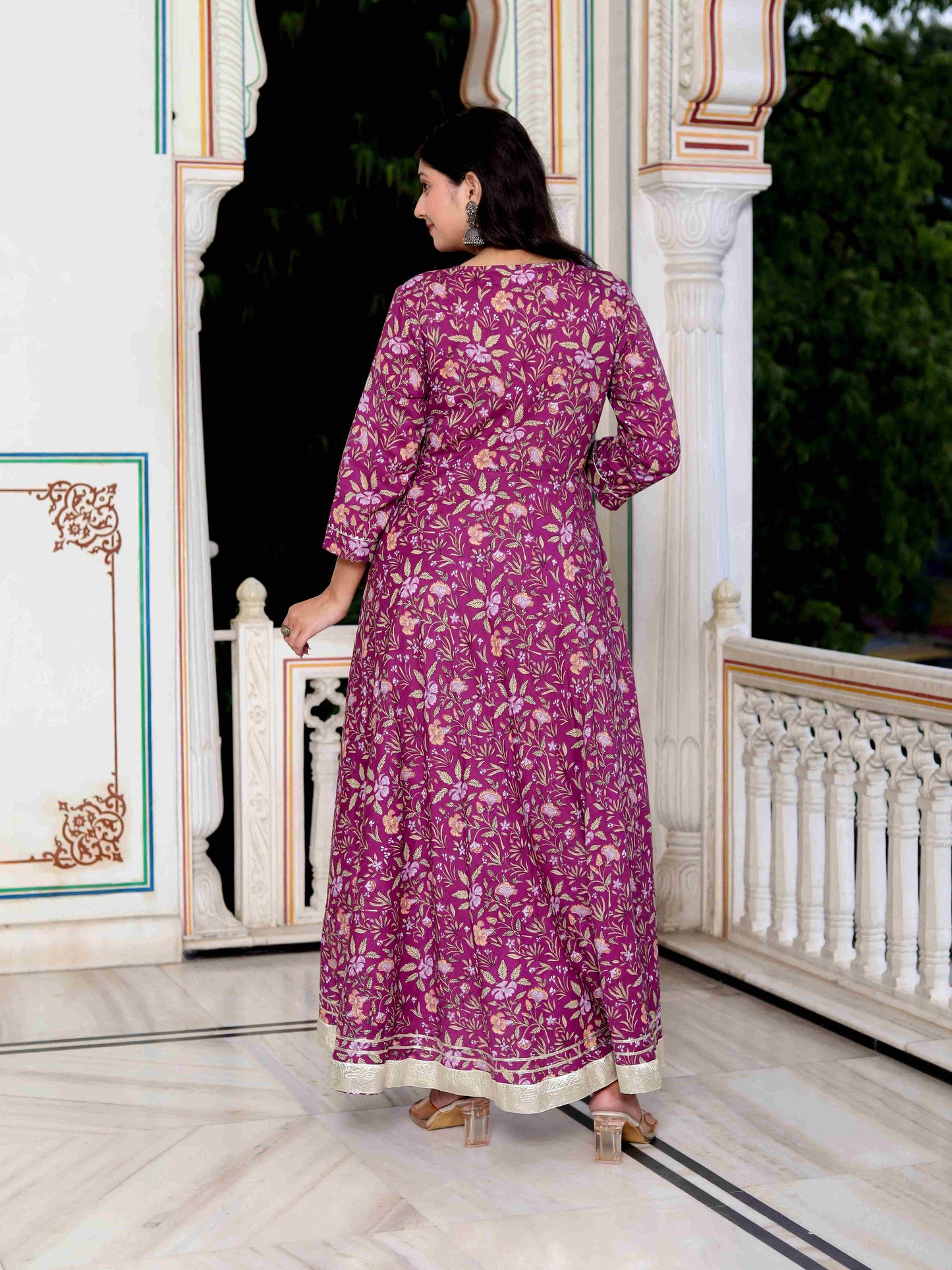 Women's Cotton Gotapatti And Lace Border Details Floral Printed Purple Anarkali Kurta - Miravan