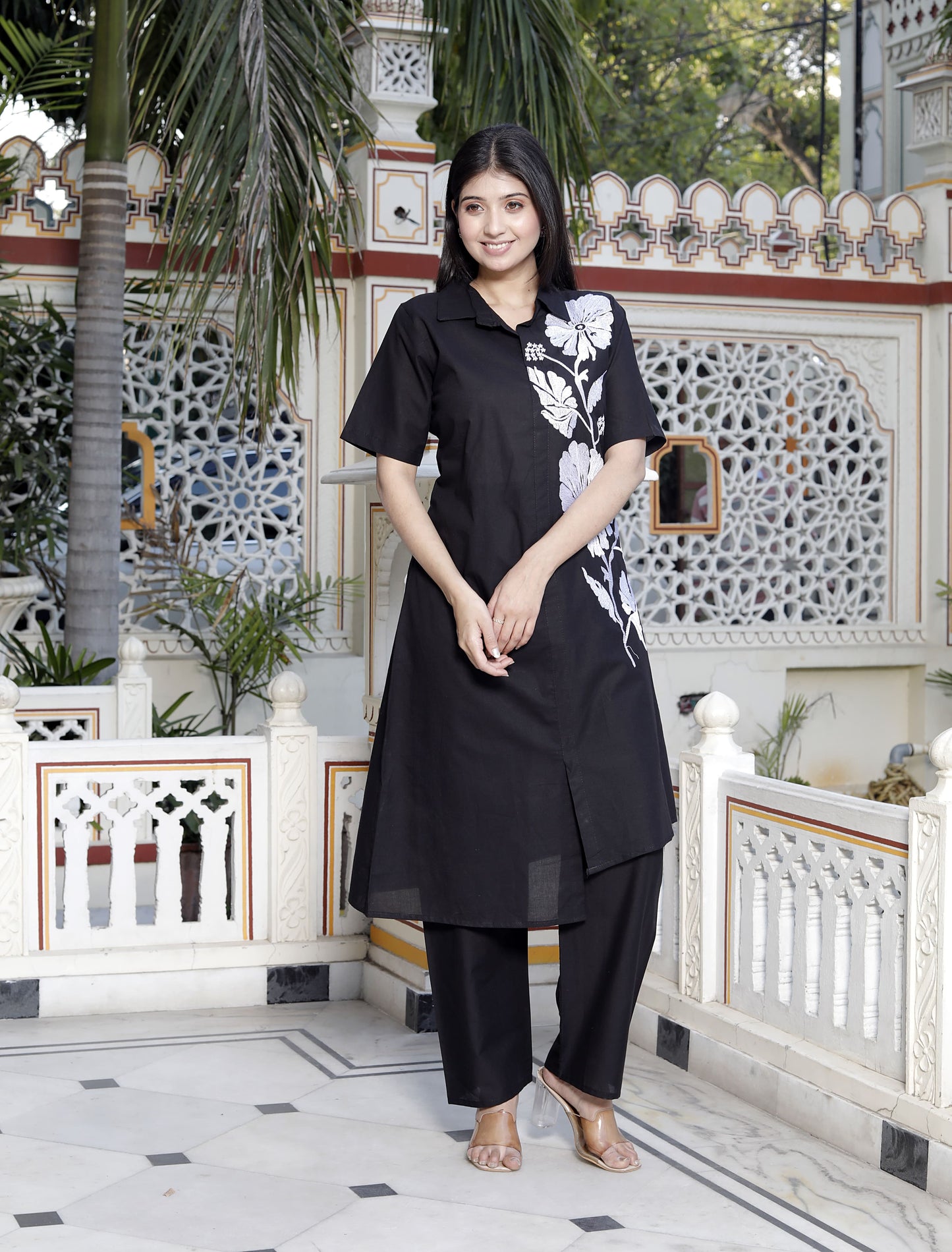 Miravan Womens Black Pure Cotton Floral Embroidered High Low Co-Ord Set