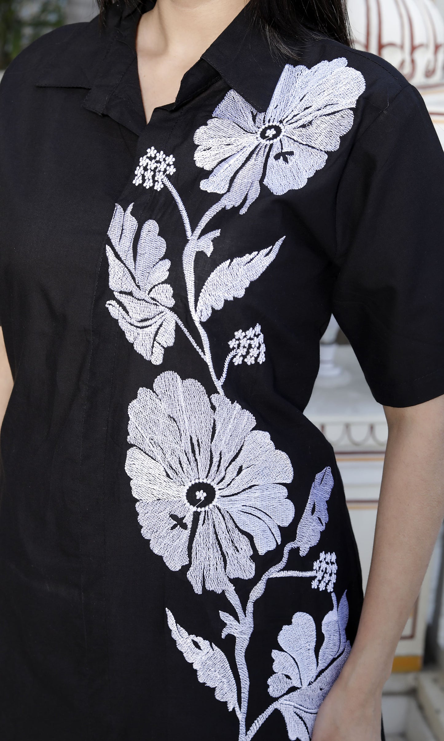 Miravan Womens Black Pure Cotton Floral Embroidered High Low Co-Ord Set