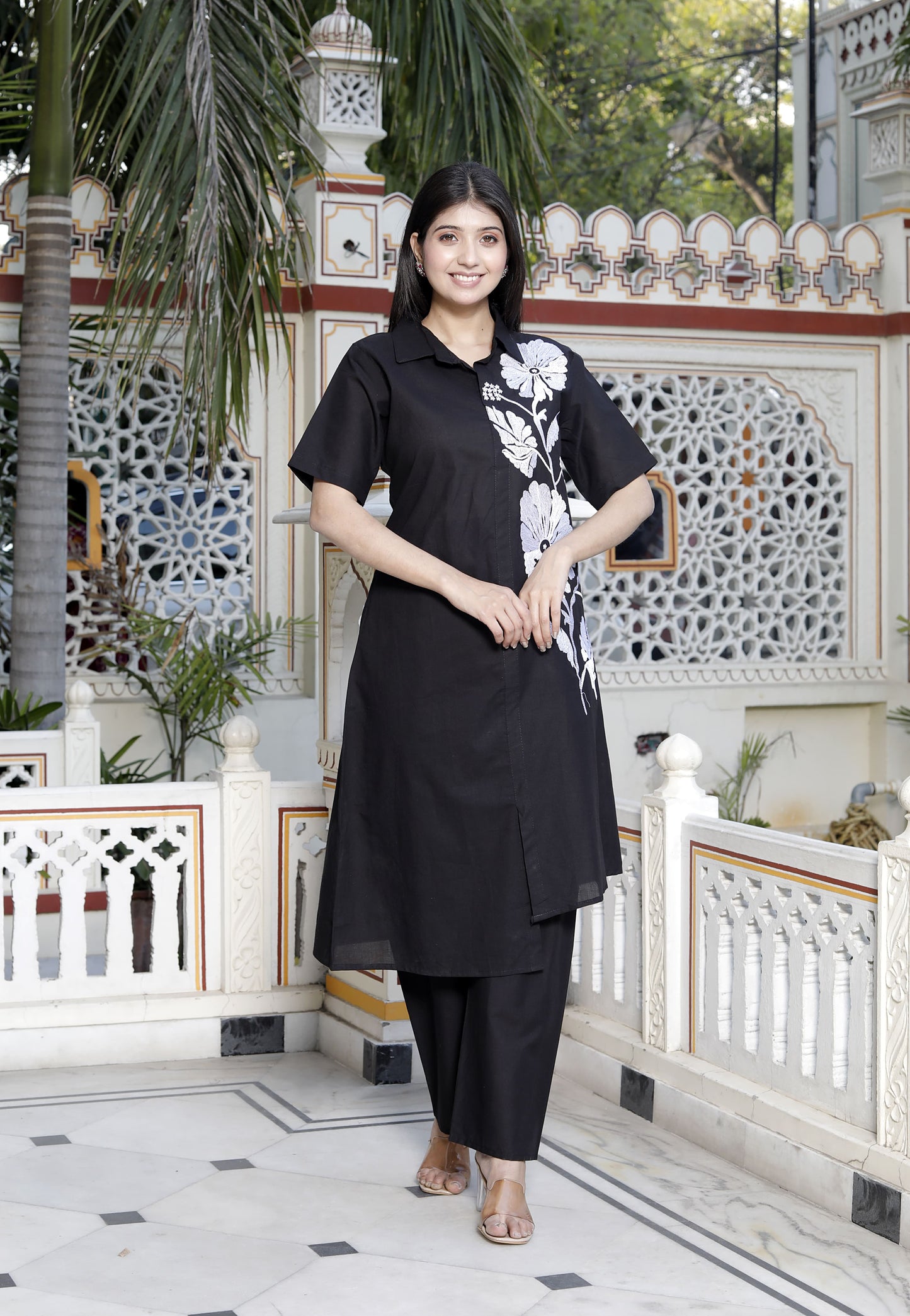 Miravan Womens Black Pure Cotton Floral Embroidered High Low Co-Ord Set
