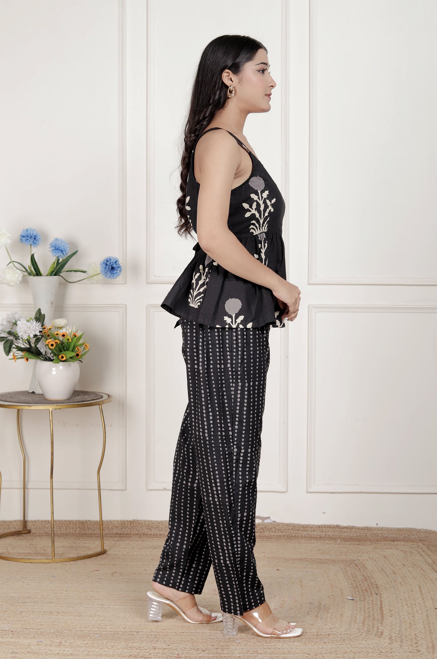 Miravan Womens Floral Printed Black pure cotton Kurti with Palazzo