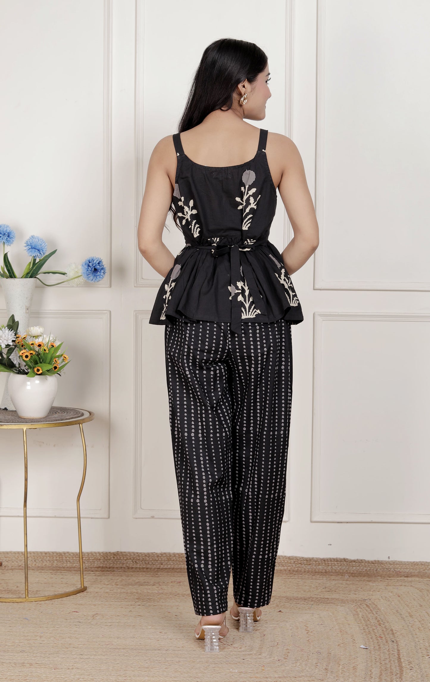 Miravan Womens Floral Printed Black pure cotton Kurti with Palazzo