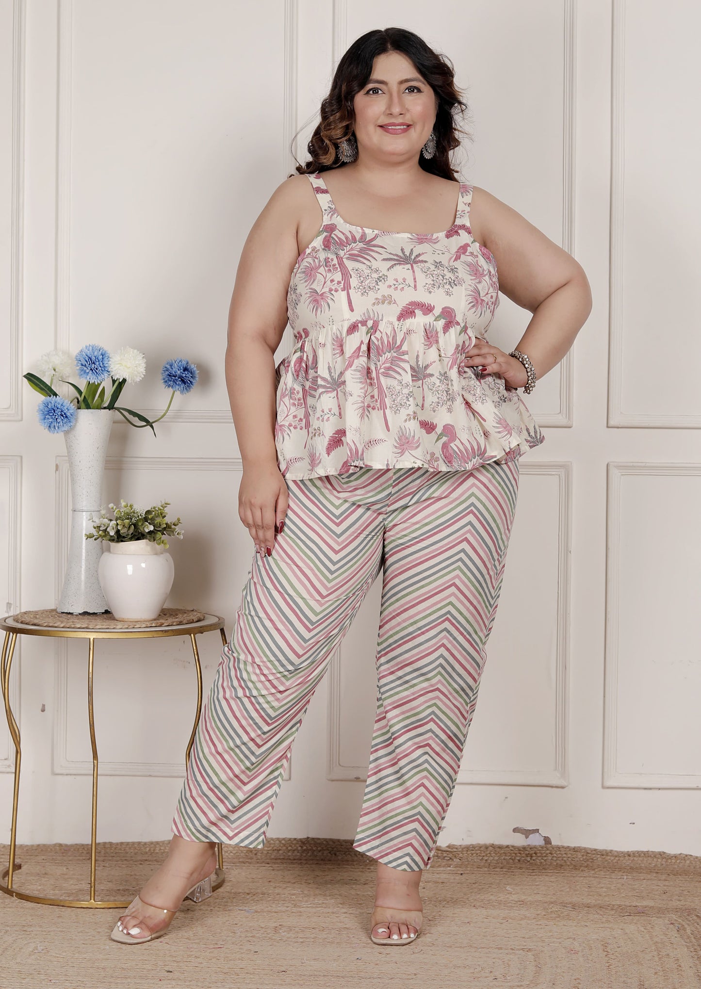 Miravan Womens Plus Size Pink Pure Cotton Leaf Printed Kurti with Palazzo