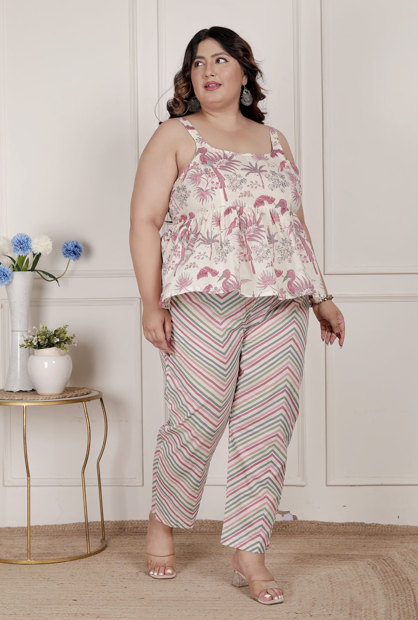 Miravan Womens Plus Size Pink Pure Cotton Leaf Printed Kurti with Palazzo