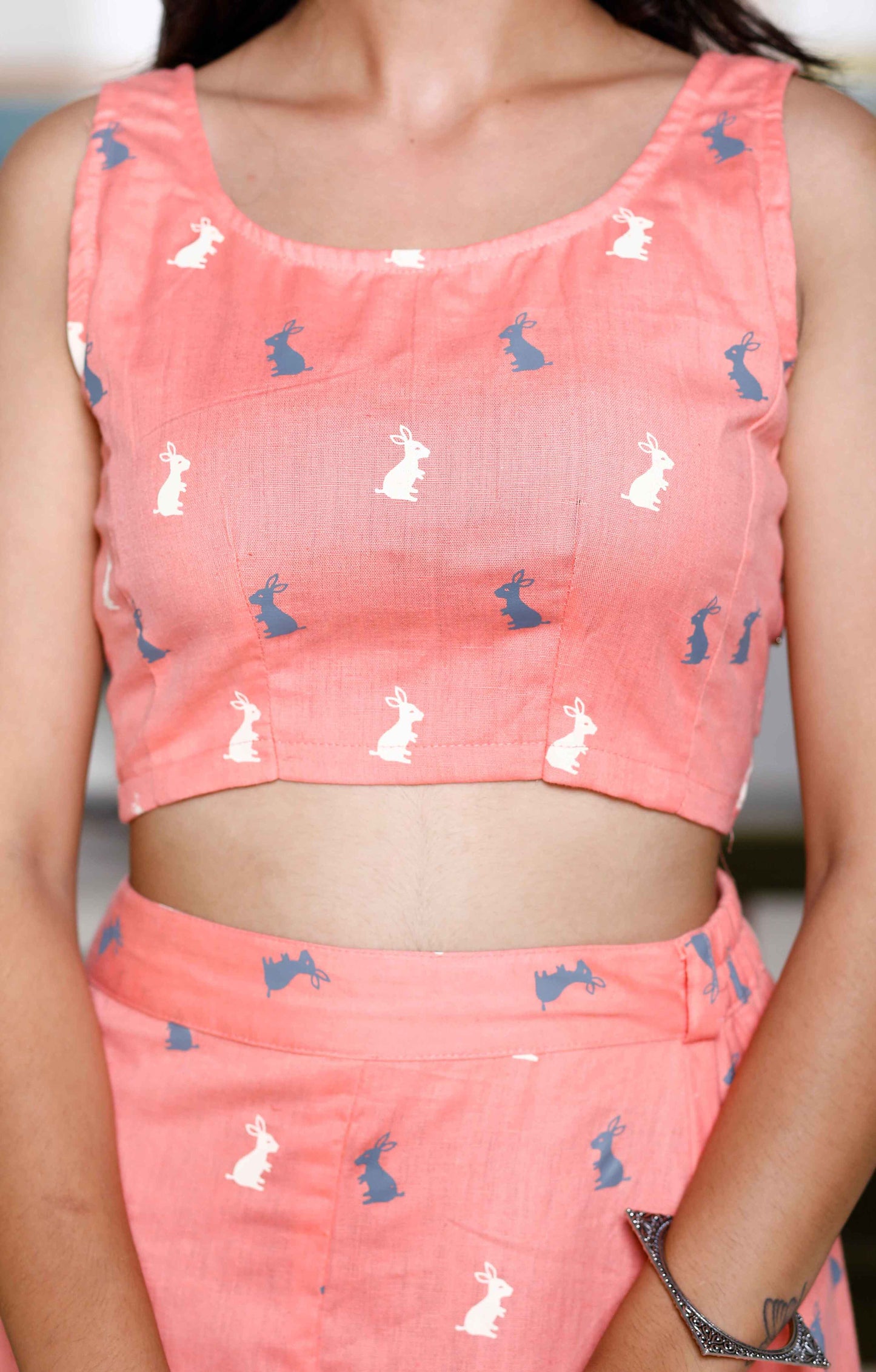 Women's Peach Animal Print Round Neck Top With Side Slit Skirt Co-Ord Set - Miravan