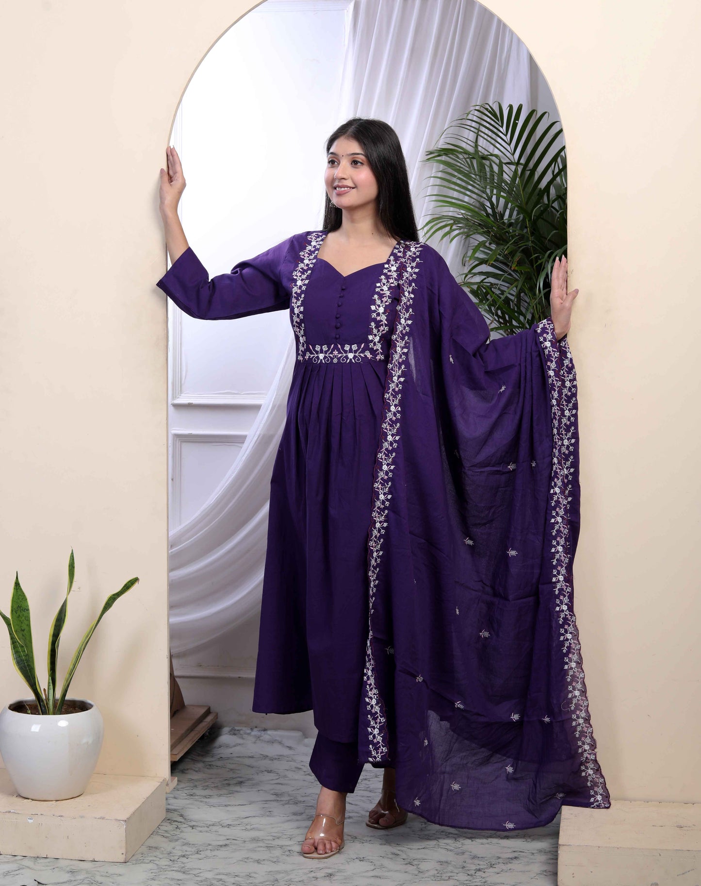 Women's Cotton Purple A-Line Kurta With Embroidered Neck And Palazzo With Embroidered Dupatta Set - Miravan