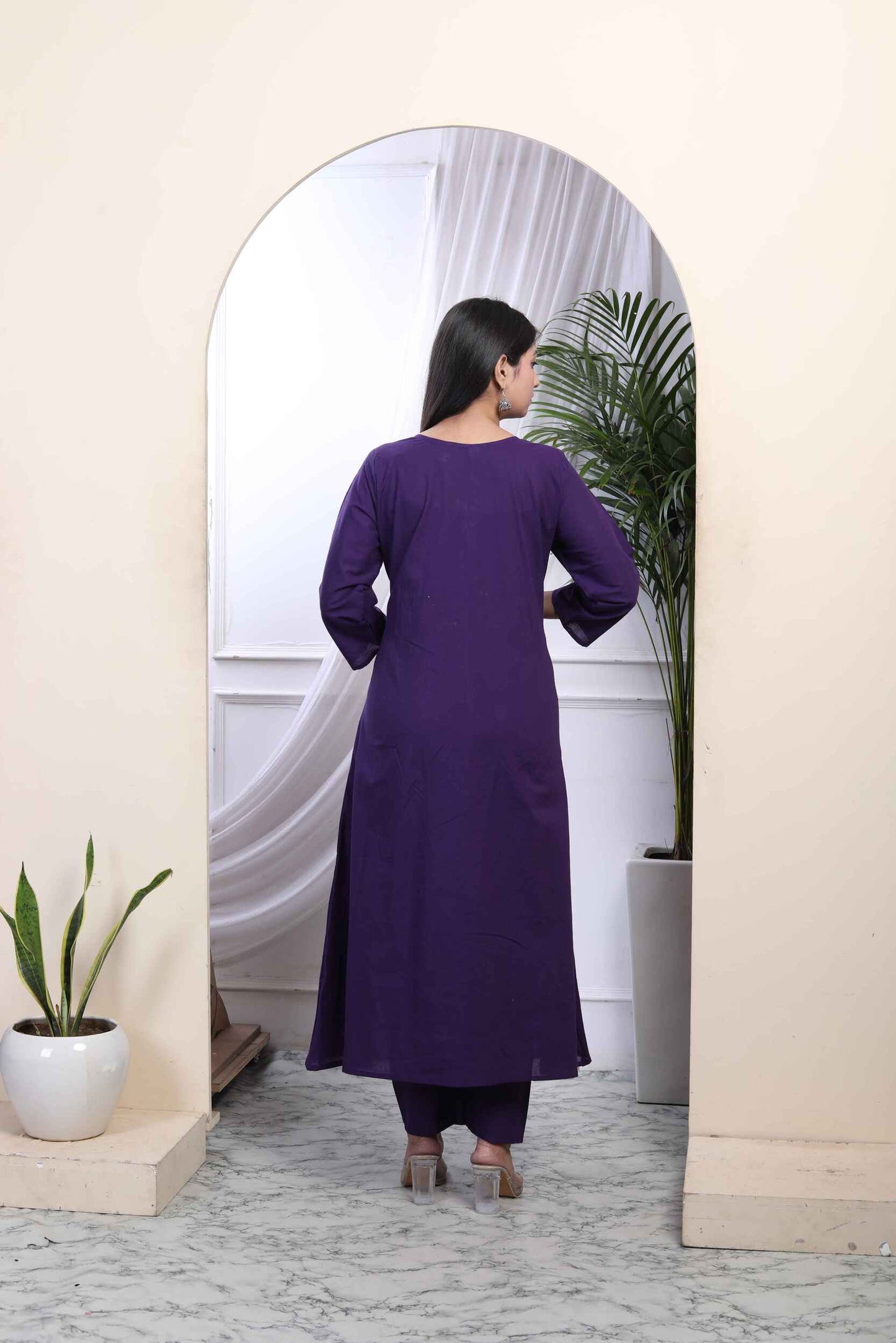 Women's Cotton Purple A-Line Kurta With Embroidered Neck And Palazzo With Embroidered Dupatta Set - Miravan