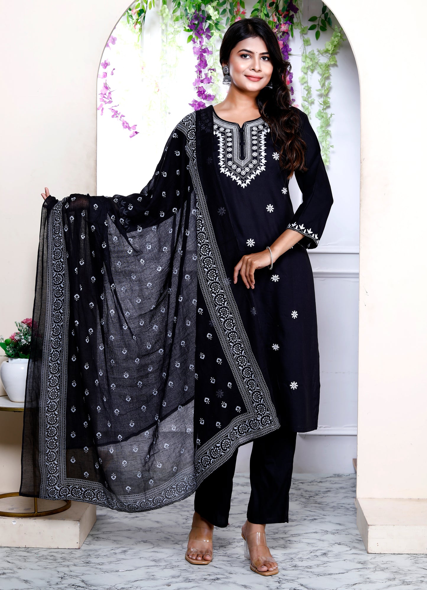 Miravan Womens Black Embroidery Straight Kurta with Palazzo and Dupatta