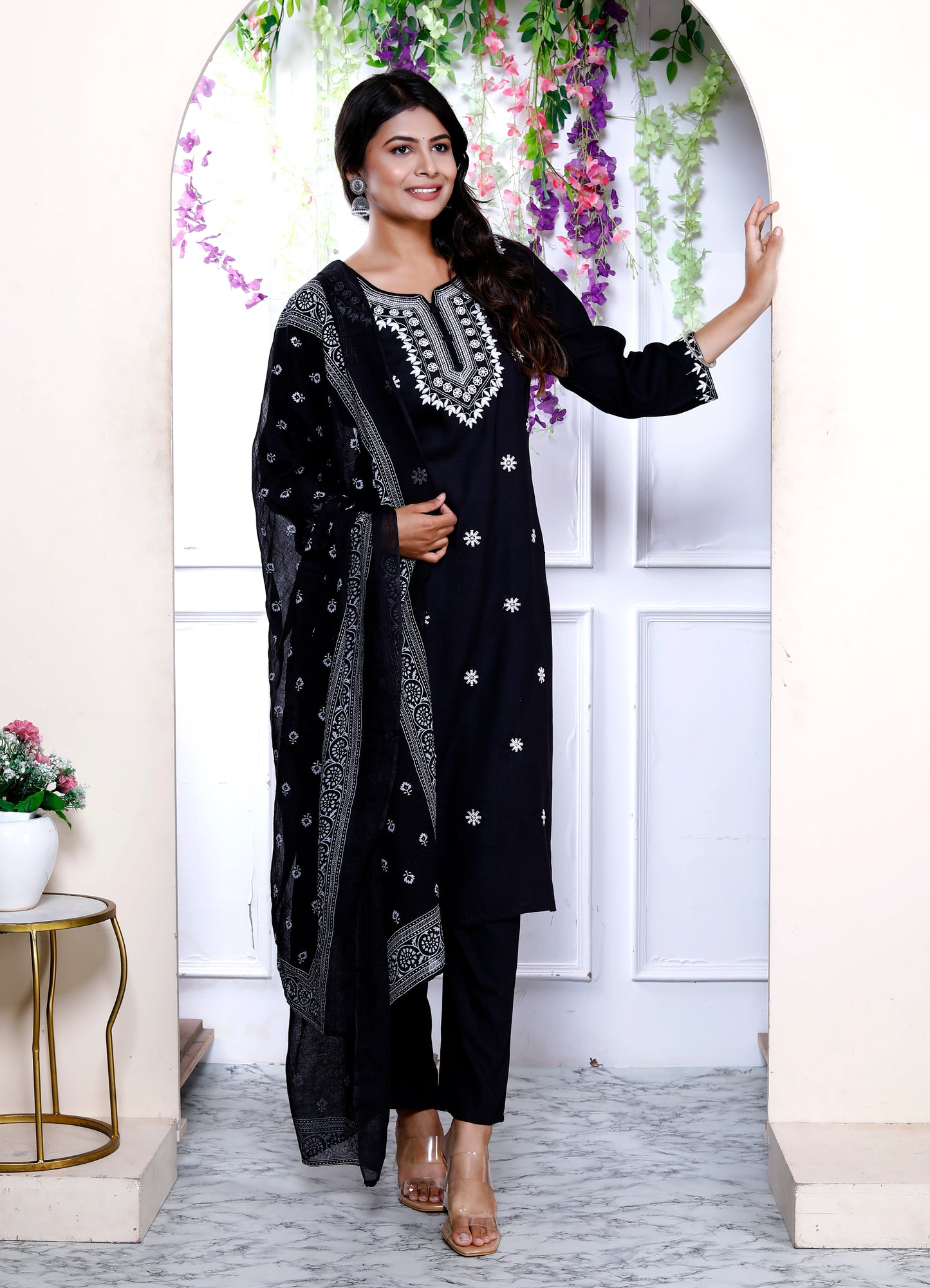 Miravan Womens Black Embroidery Straight Kurta with Palazzo and Dupatta