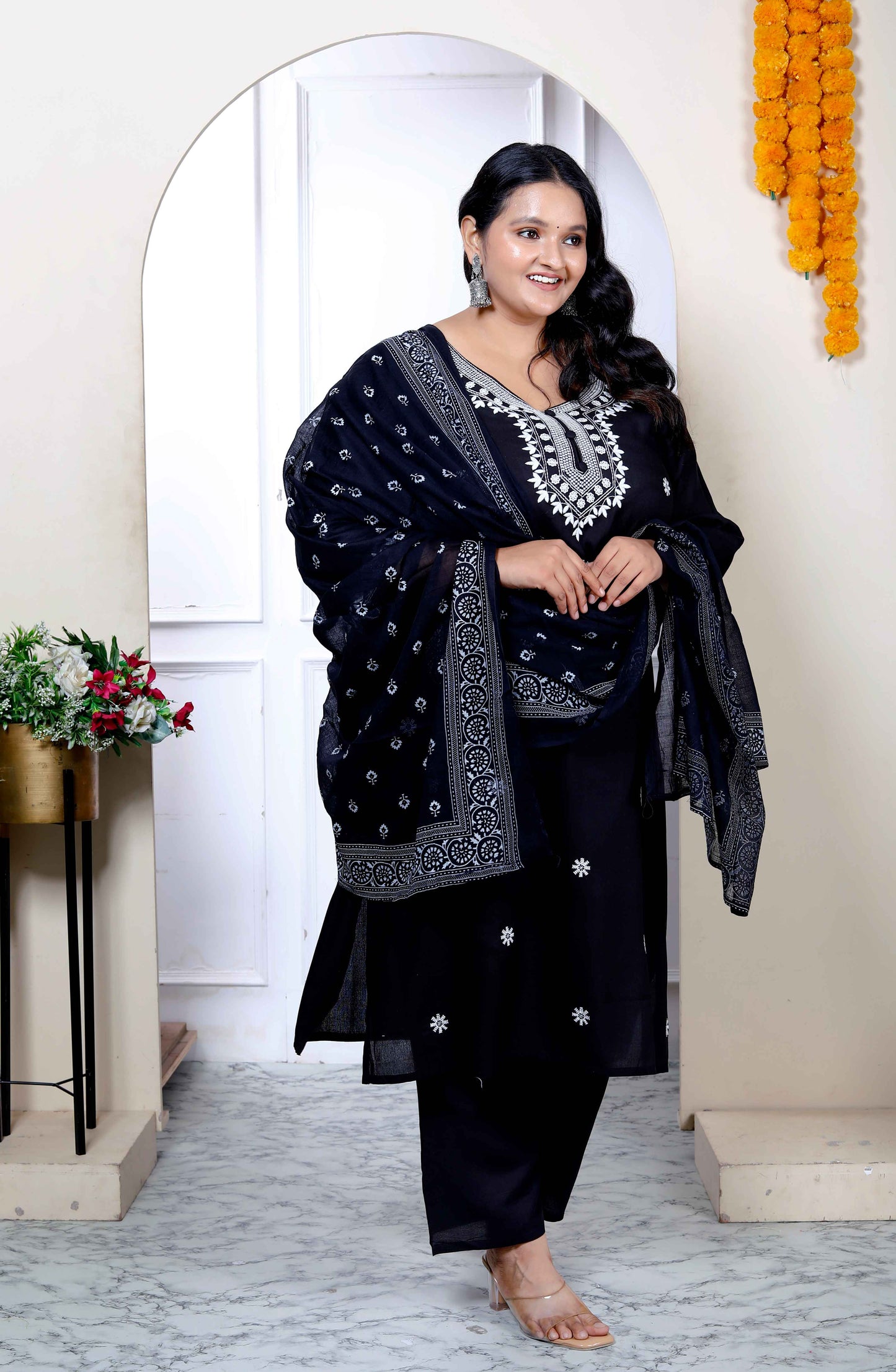 Miravan Womenns Plus Size Black Embroidery Straight Kurta with Palazzo and Dupatta Set