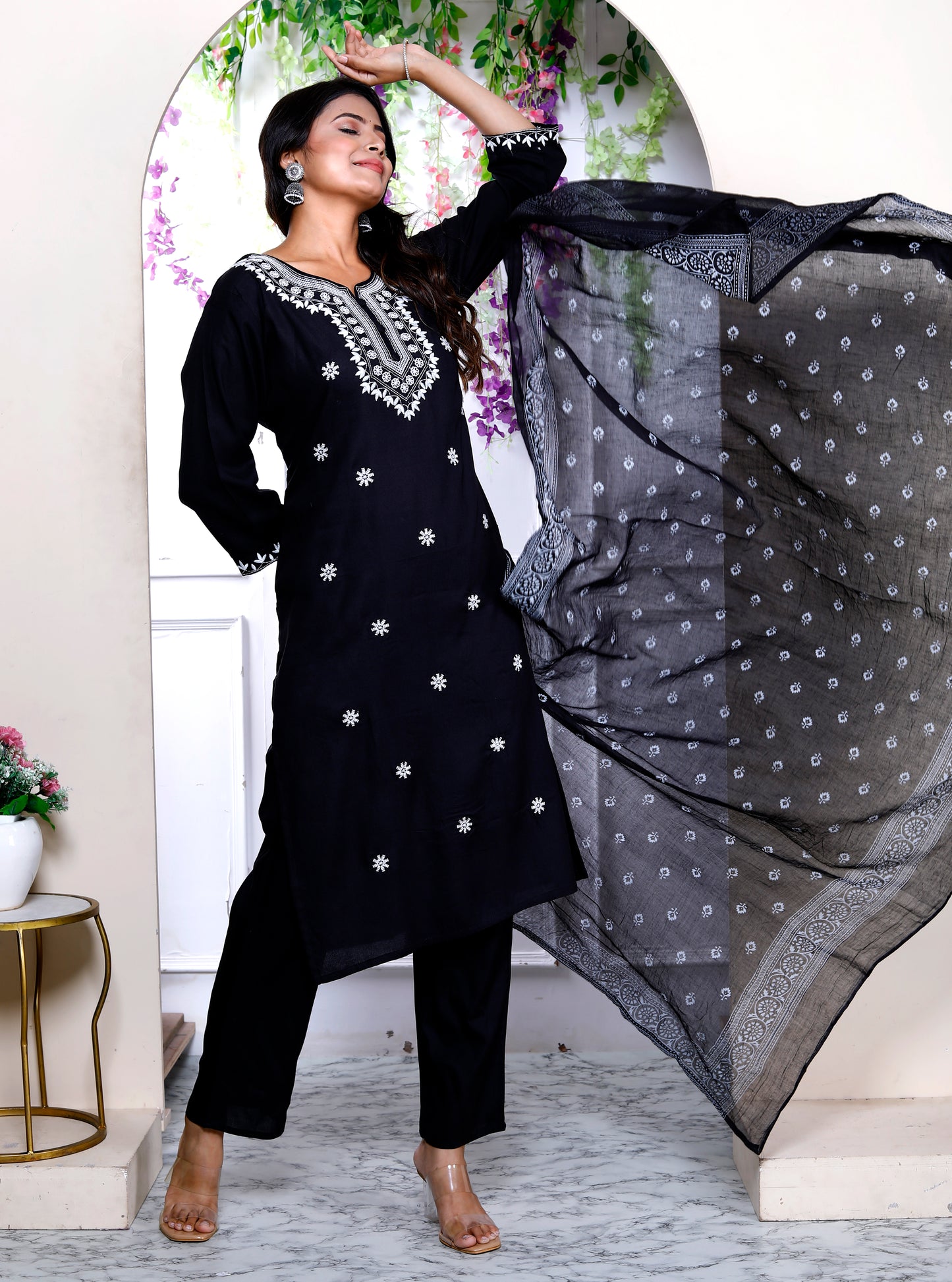 Miravan Womens Black Embroidery Straight Kurta with Palazzo and Dupatta