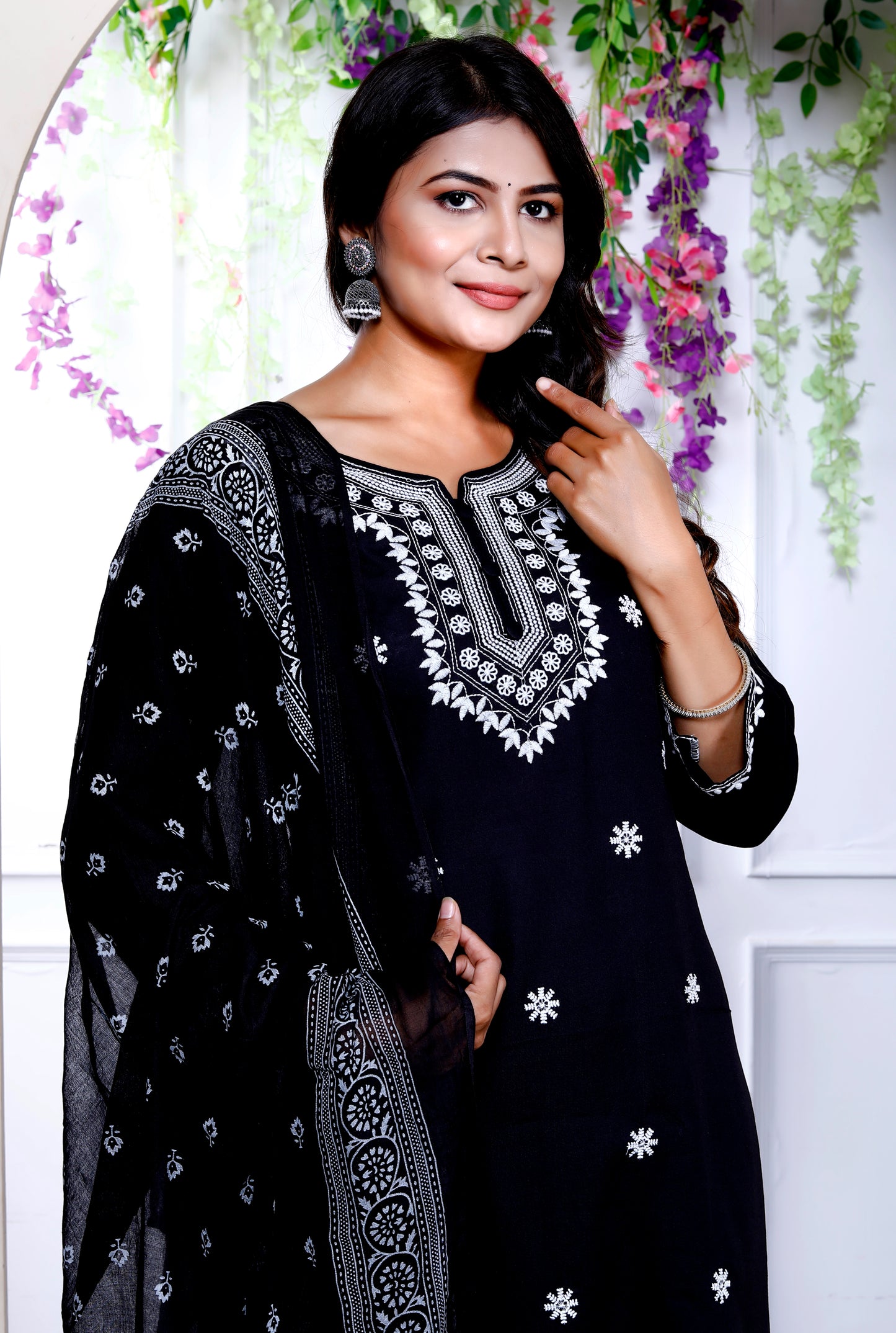 Miravan Womens Black Embroidery Straight Kurta with Palazzo and Dupatta