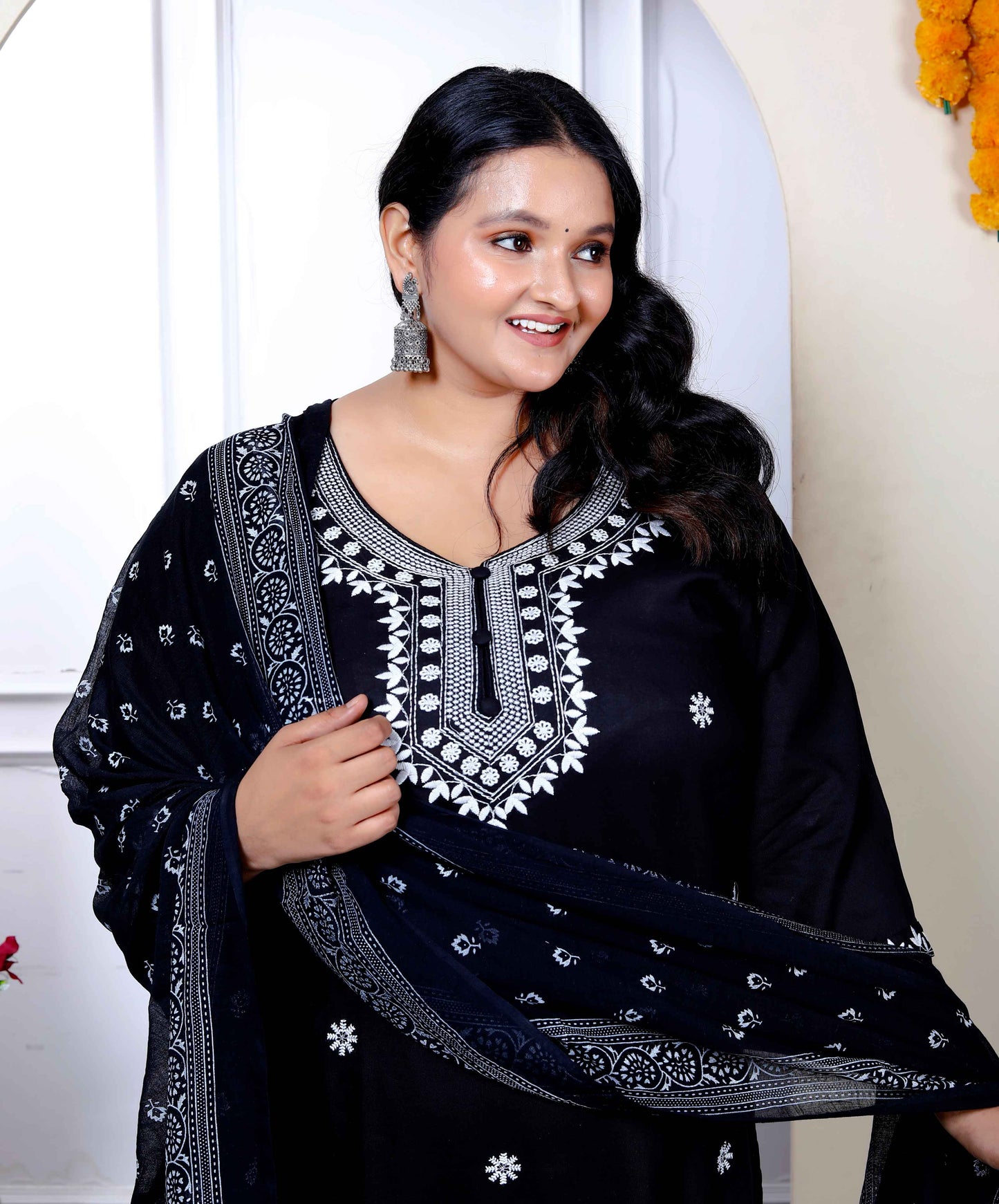 Miravan Womenns Plus Size Black Embroidery Straight Kurta with Palazzo and Dupatta Set
