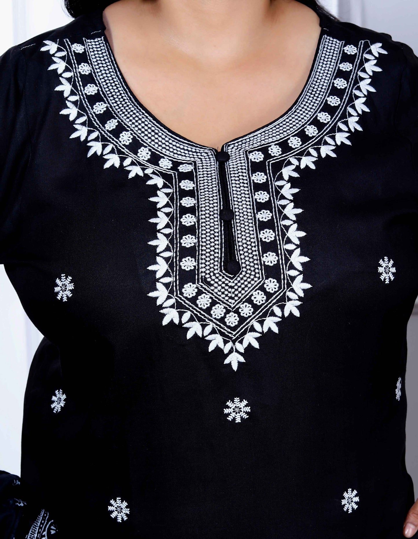 Miravan Womenns Plus Size Black Embroidery Straight Kurta with Palazzo and Dupatta Set