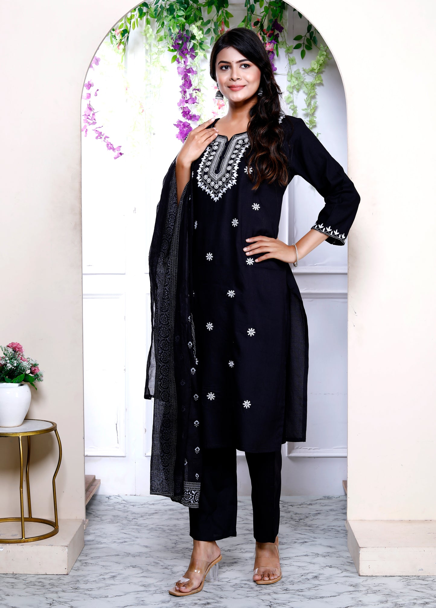 Miravan Womens Black Embroidery Straight Kurta with Palazzo and Dupatta