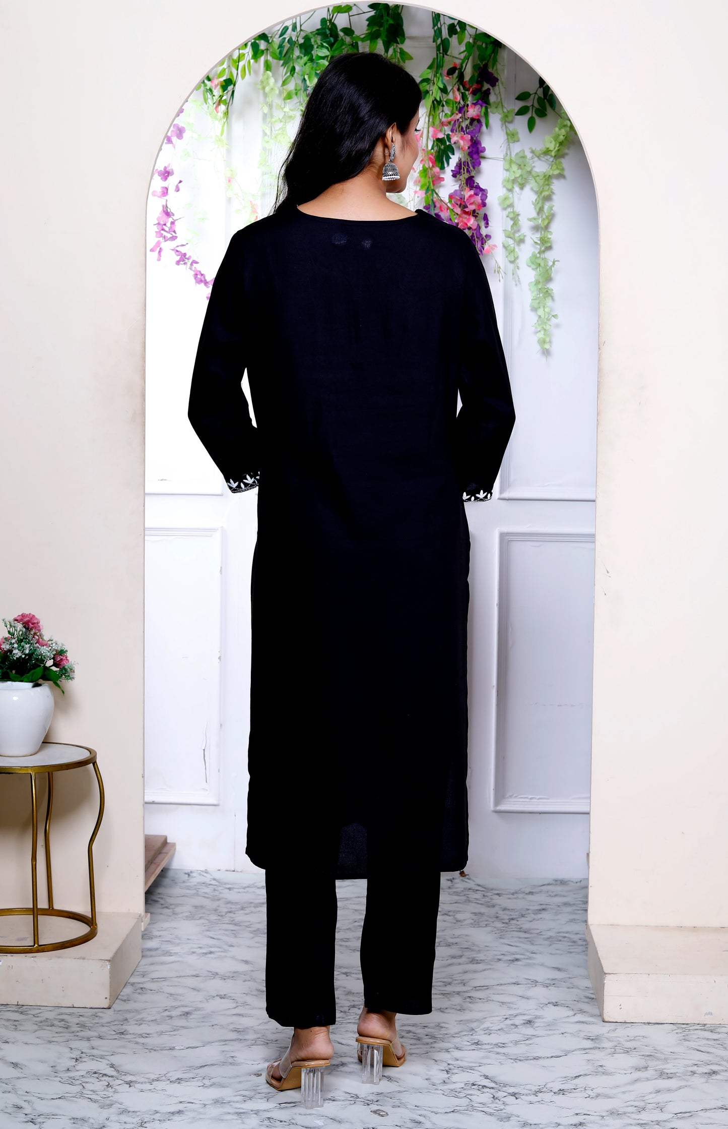 Miravan Womens Black Embroidery Straight Kurta with Palazzo and Dupatta