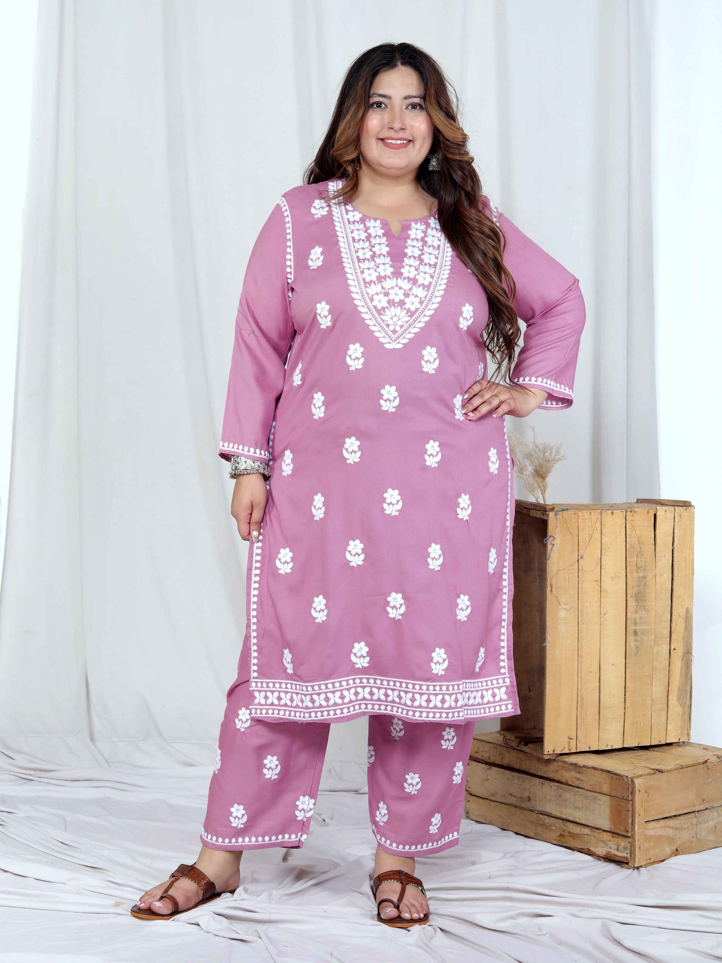 Miravan Womens Plus Size Chikankari Embroidery Pink Straight Kurta And Palazzo Set